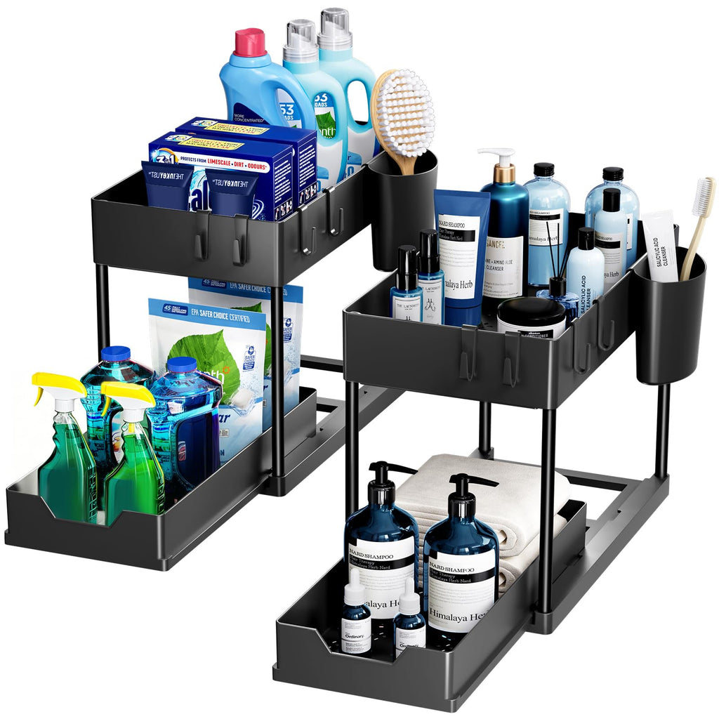 Puricon 1 Pack Under Sink Storage 2 Tier Kitchen Organizer with Removable Drawers, Under Sink Draw Out Storage, Closet Organizer, Shelf, Drawer Basket for Kitchen - Black