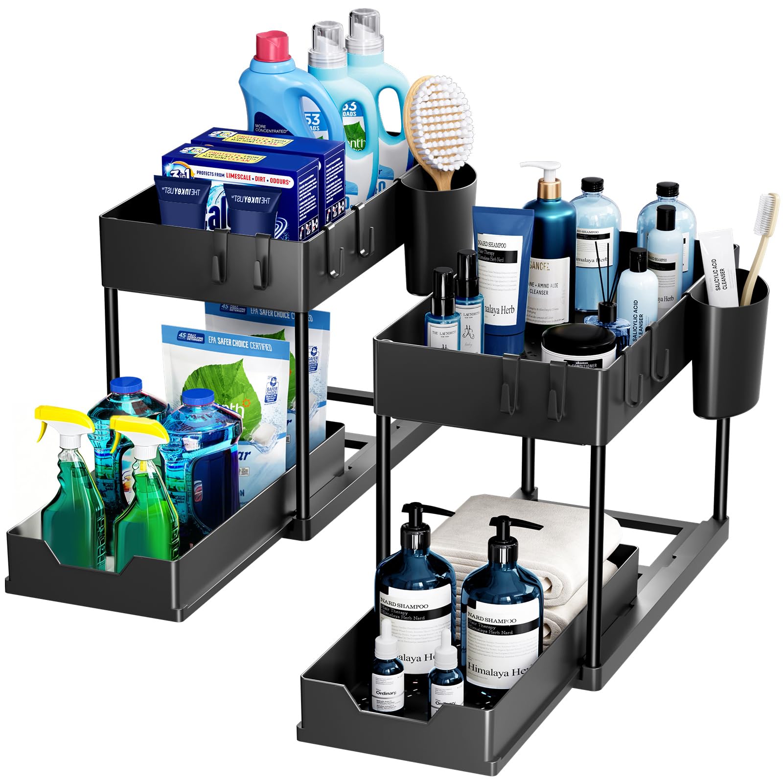 Puricon 1 Pack Under Sink Storage 2 Tier Kitchen Organizer with Removable Drawers, Under Sink Draw Out Storage, Closet Organizer, Shelf, Drawer Basket for Kitchen - Black