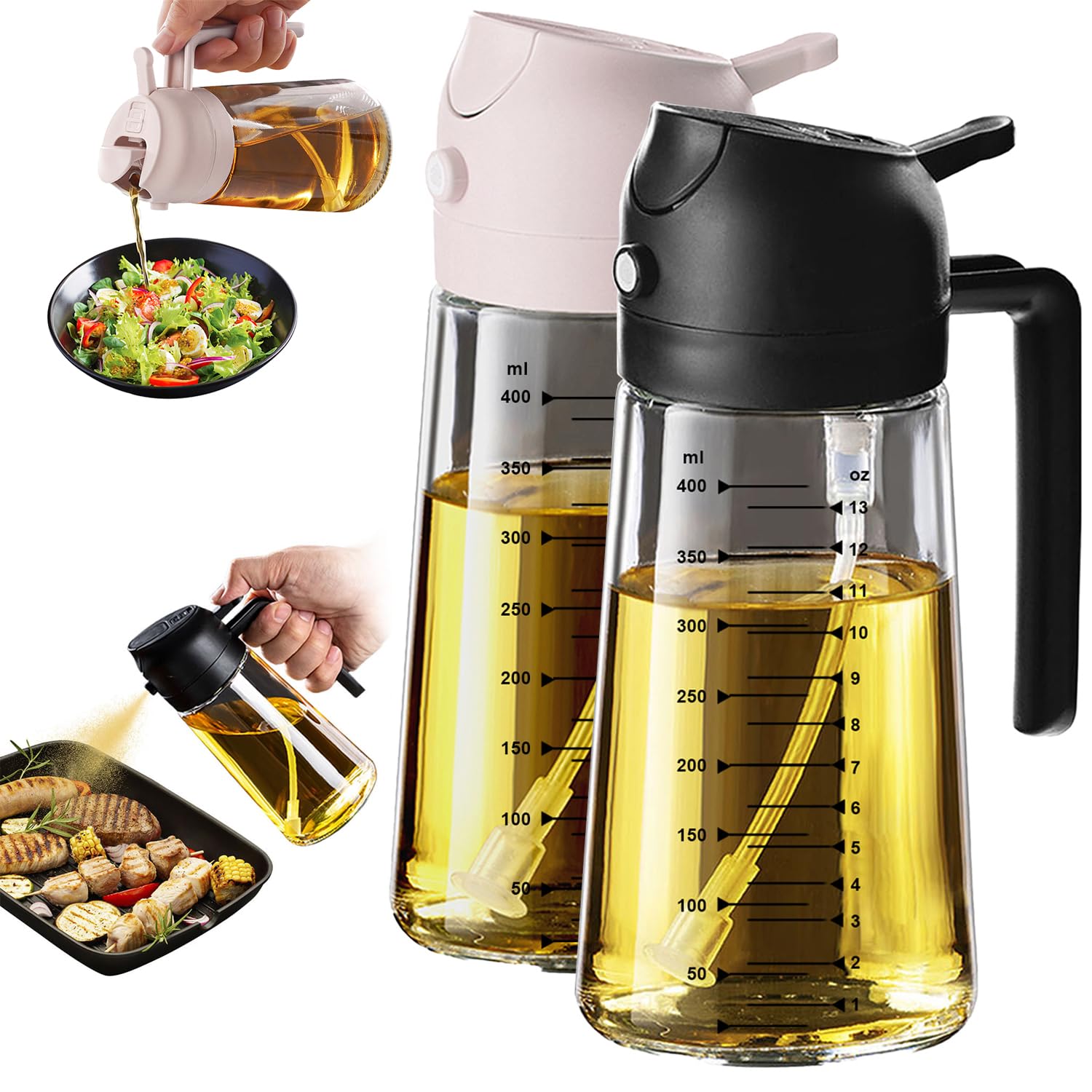 TrendPlain Kitchen Oil Spray 470ml - Air Fryer 2-in-1 Oil Spray for Cooking, Salads, Vinegar and Kitchen Accessories (1 Piece, Black)