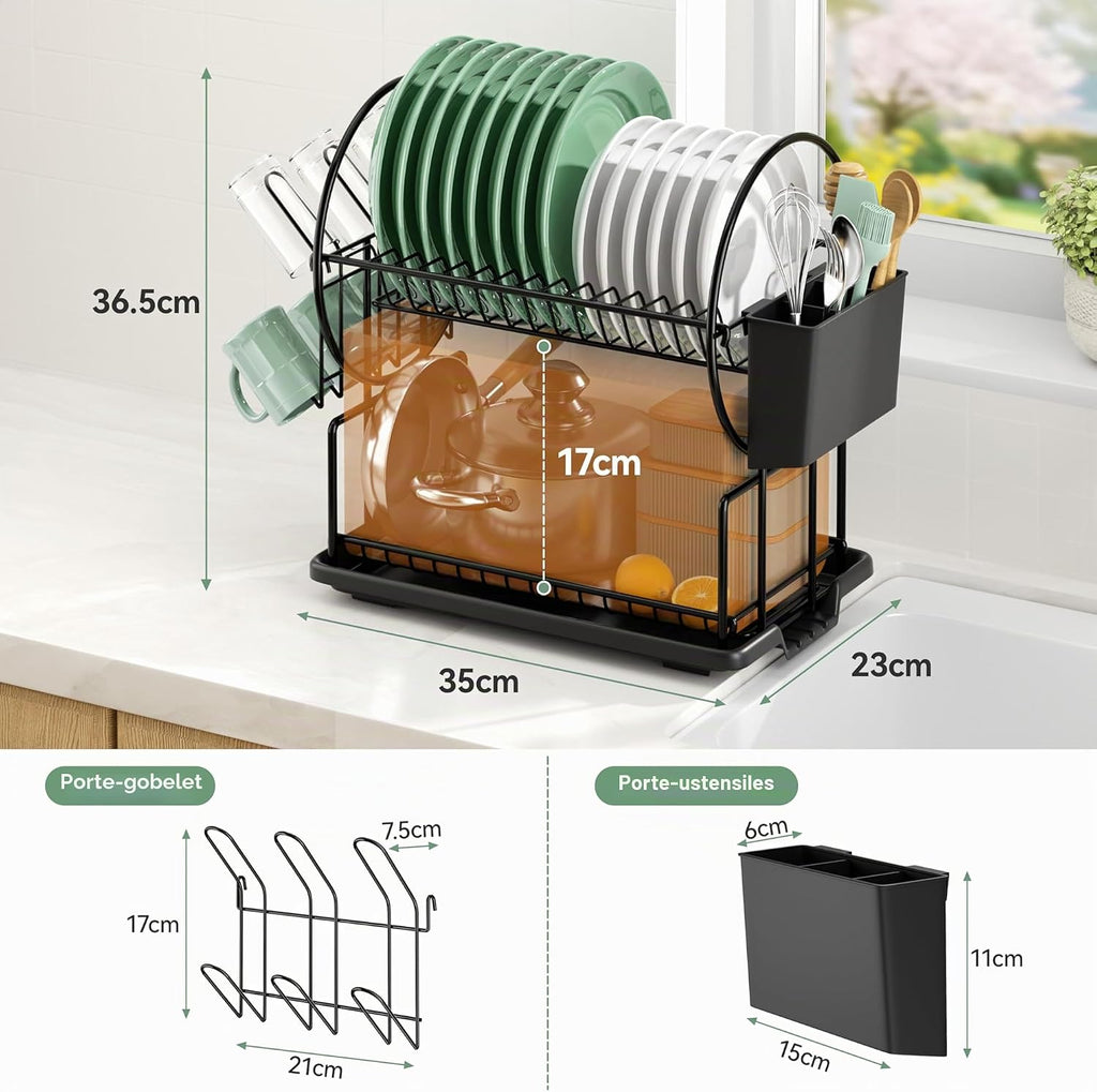 niffgaff Kitchen Dish Drainer with 2 Levels Stainless Steel with Utensil Holder and Drip Tray Black
