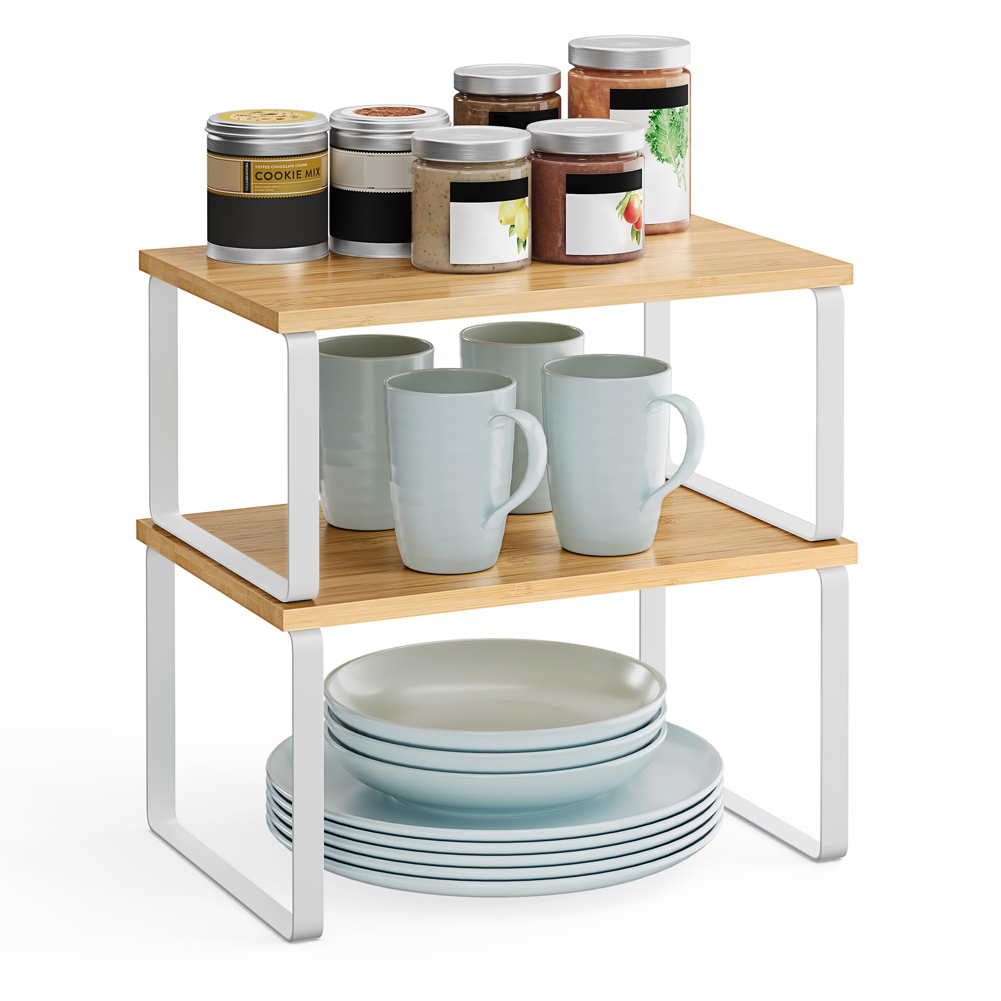 SONGMICS Spice Rack, Set of 2, Cupboard Organizer, Expandable Kitchen Storage Shelf, Stackable Spice Rack, Metal, Engineered Wood, Ink Black and Natural Beige KCS02NB
