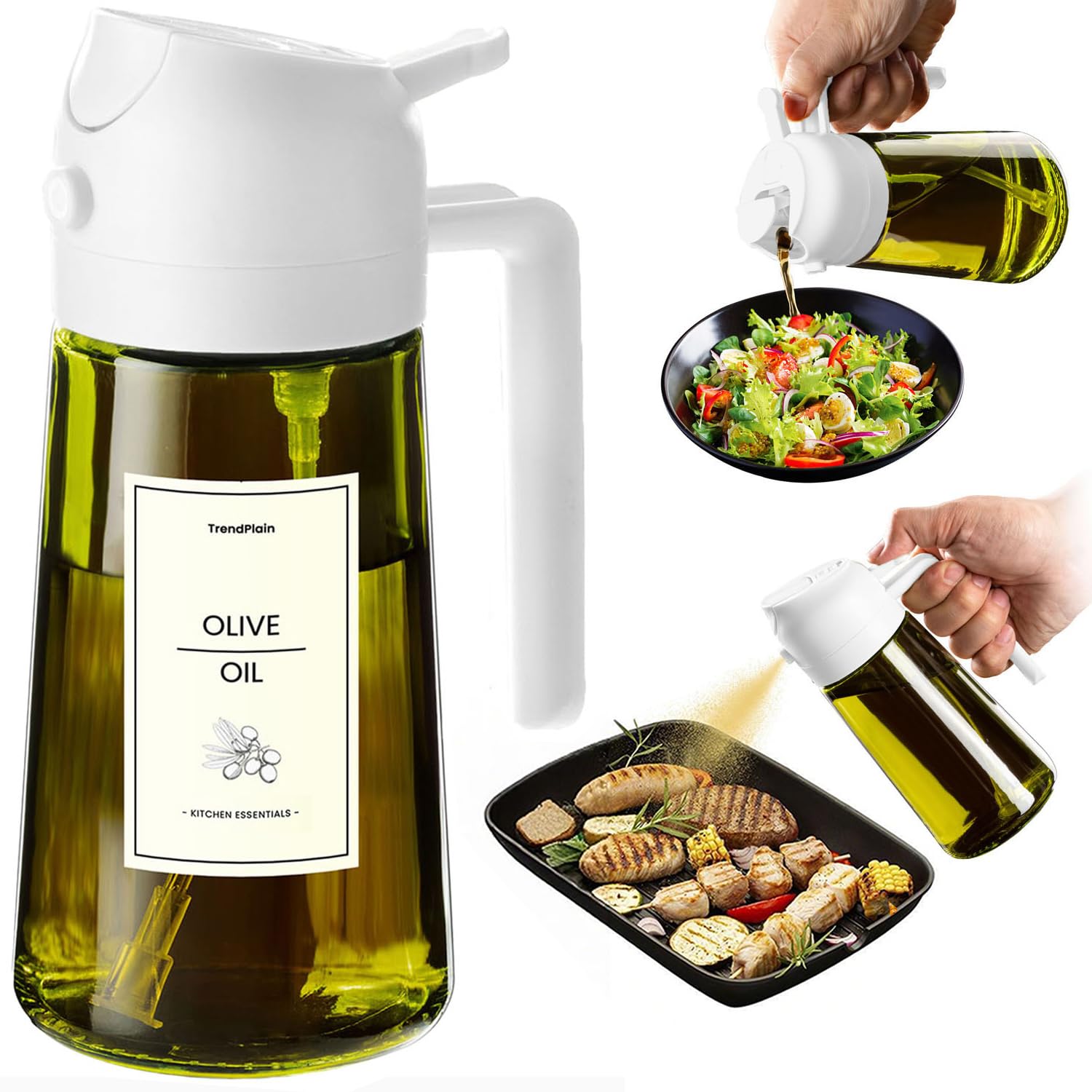 TrendPlain Kitchen Oil Spray 470ml - Air Fryer 2-in-1 Oil Spray for Cooking, Salads, Vinegar and Kitchen Accessories (1 Piece, Black)