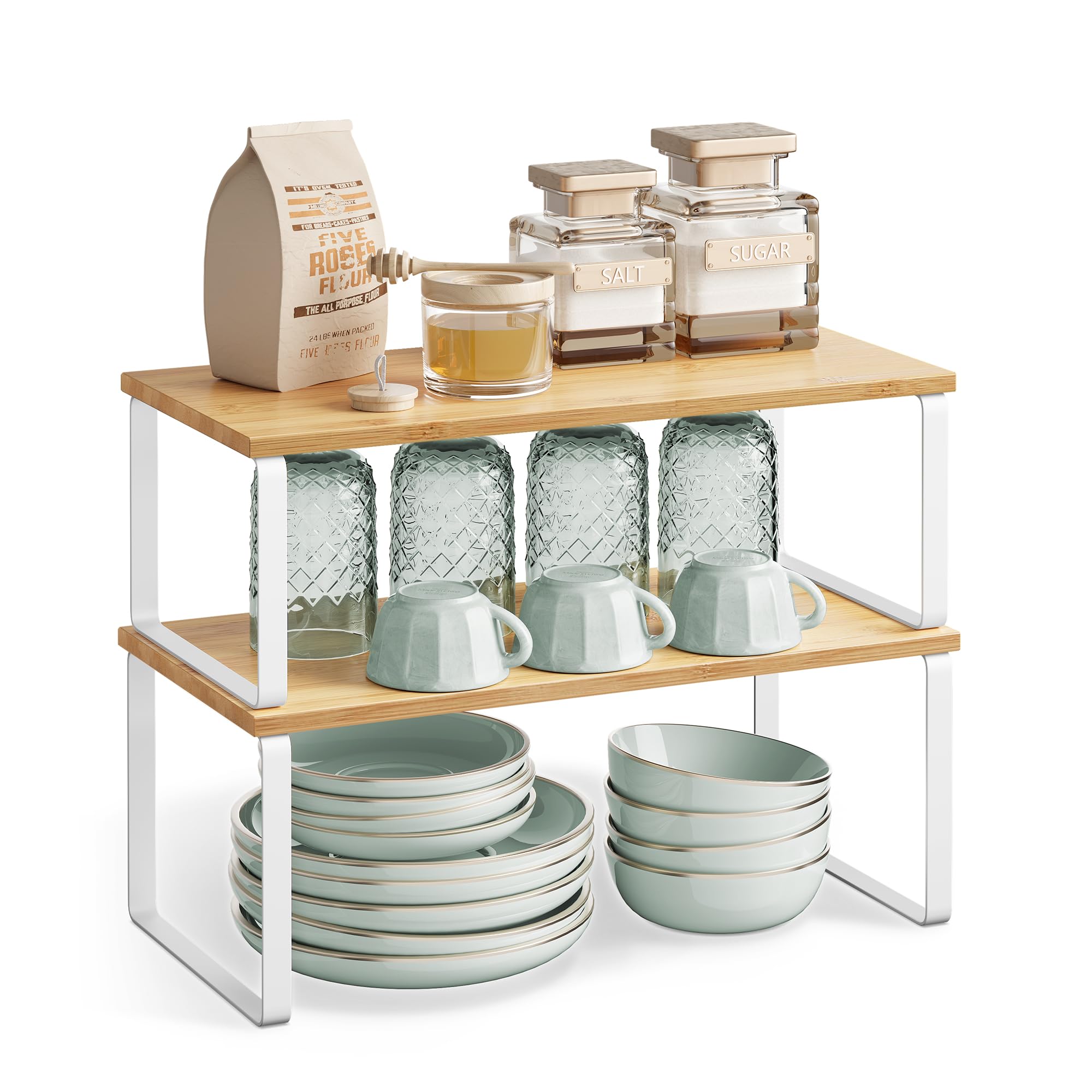 SONGMICS Spice Rack, Set of 2, Cupboard Organizer, Expandable Kitchen Storage Shelf, Stackable Spice Rack, Metal, Engineered Wood, Ink Black and Natural Beige KCS02NB