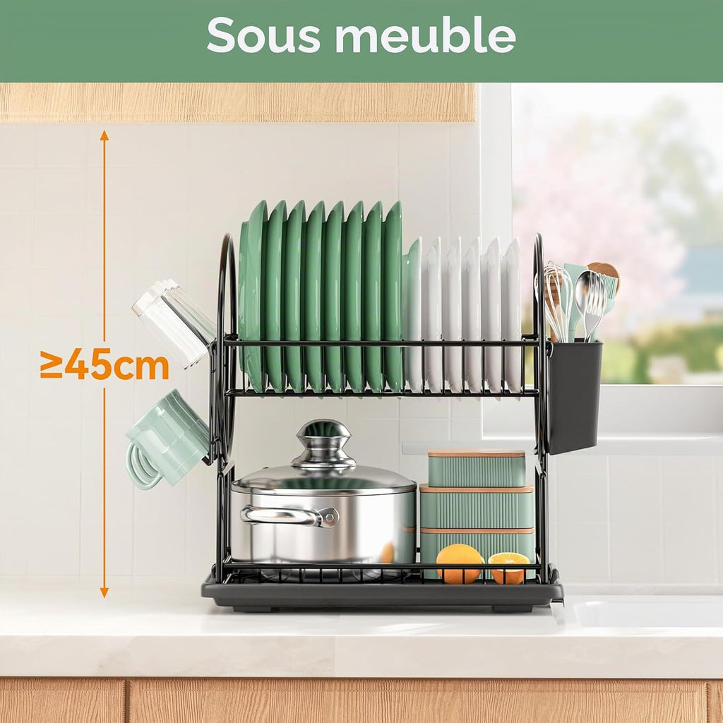 niffgaff Kitchen Dish Drainer with 2 Levels Stainless Steel with Utensil Holder and Drip Tray Black
