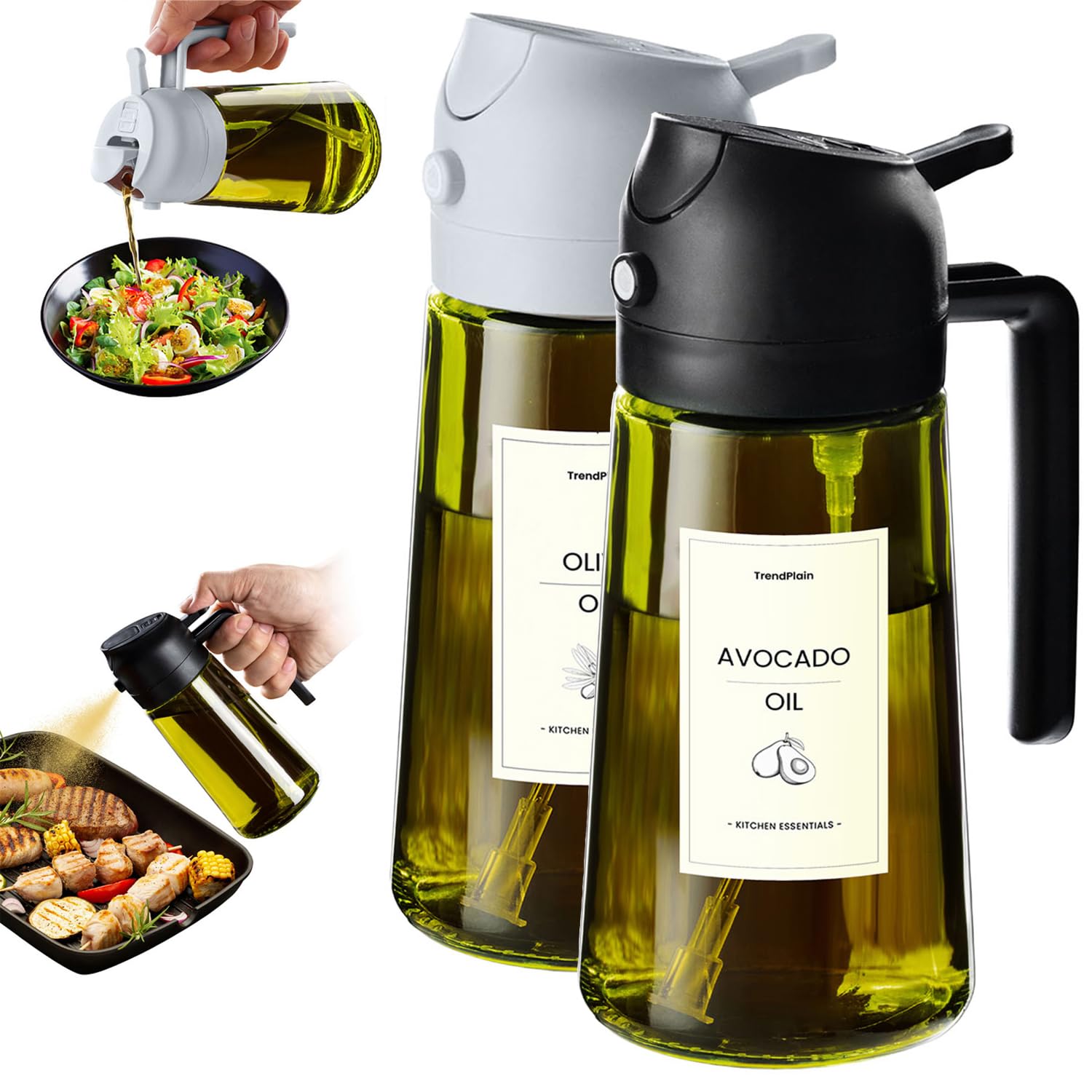 TrendPlain Kitchen Oil Spray 470ml - Air Fryer 2-in-1 Oil Spray for Cooking, Salads, Vinegar and Kitchen Accessories (1 Piece, Black)