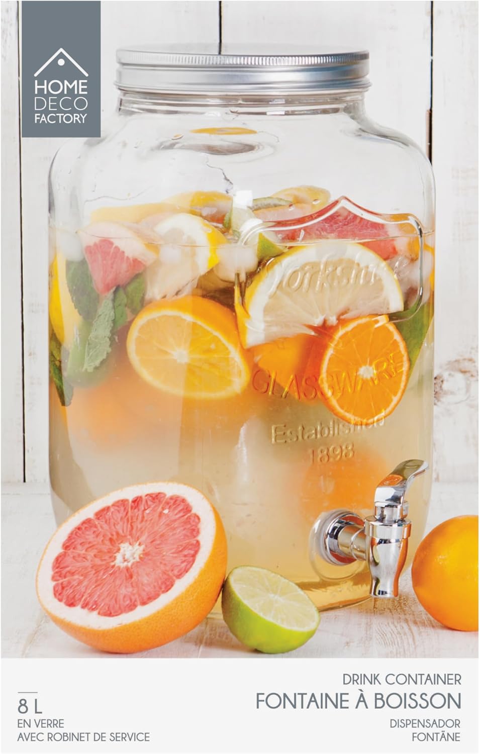 HOME DECO FACTORY - Glass drinking fountain with wide opening and serving tap - ideal for the whole family - Perfect for your drinks - Capacity: 8 L