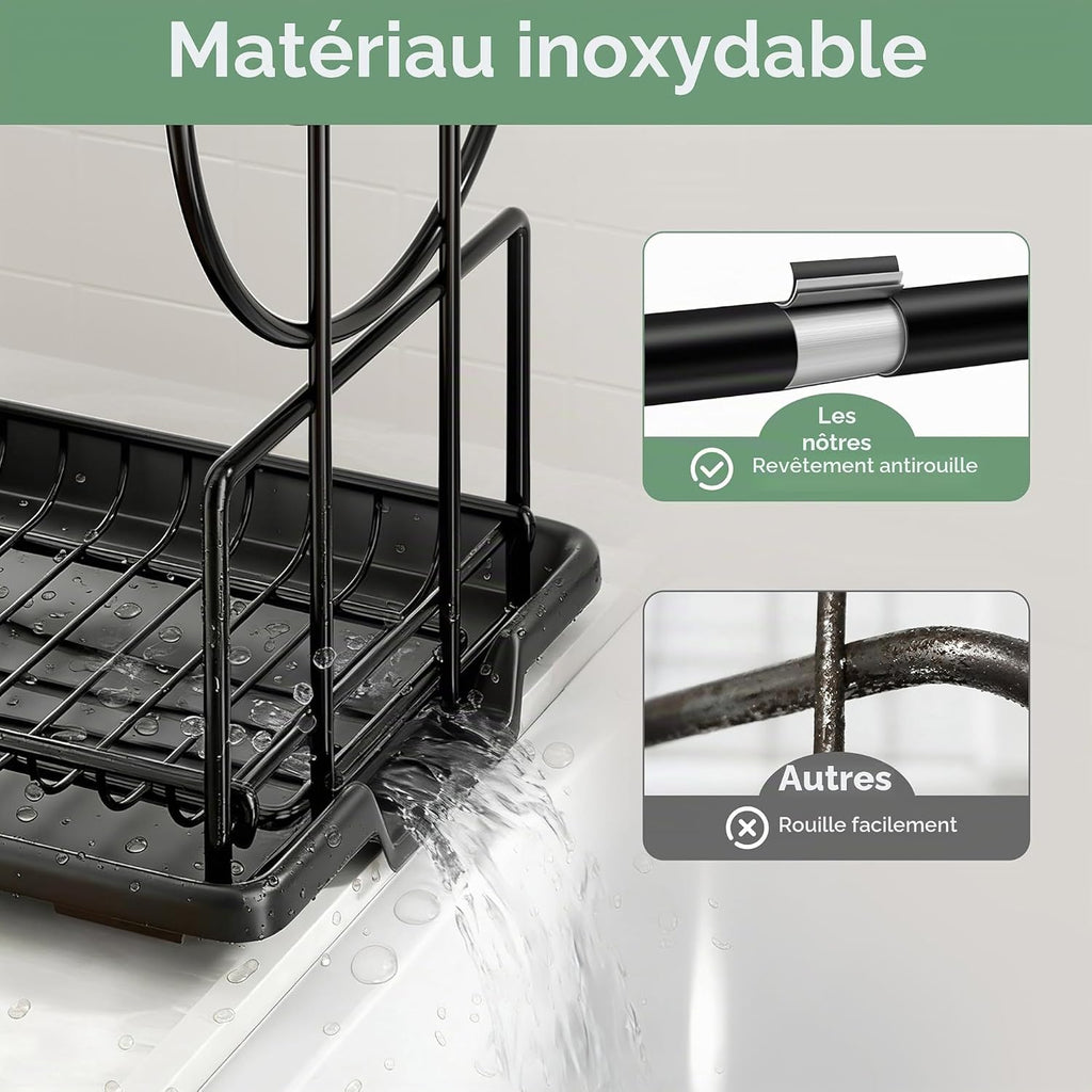 niffgaff Kitchen Dish Drainer with 2 Levels Stainless Steel with Utensil Holder and Drip Tray Black