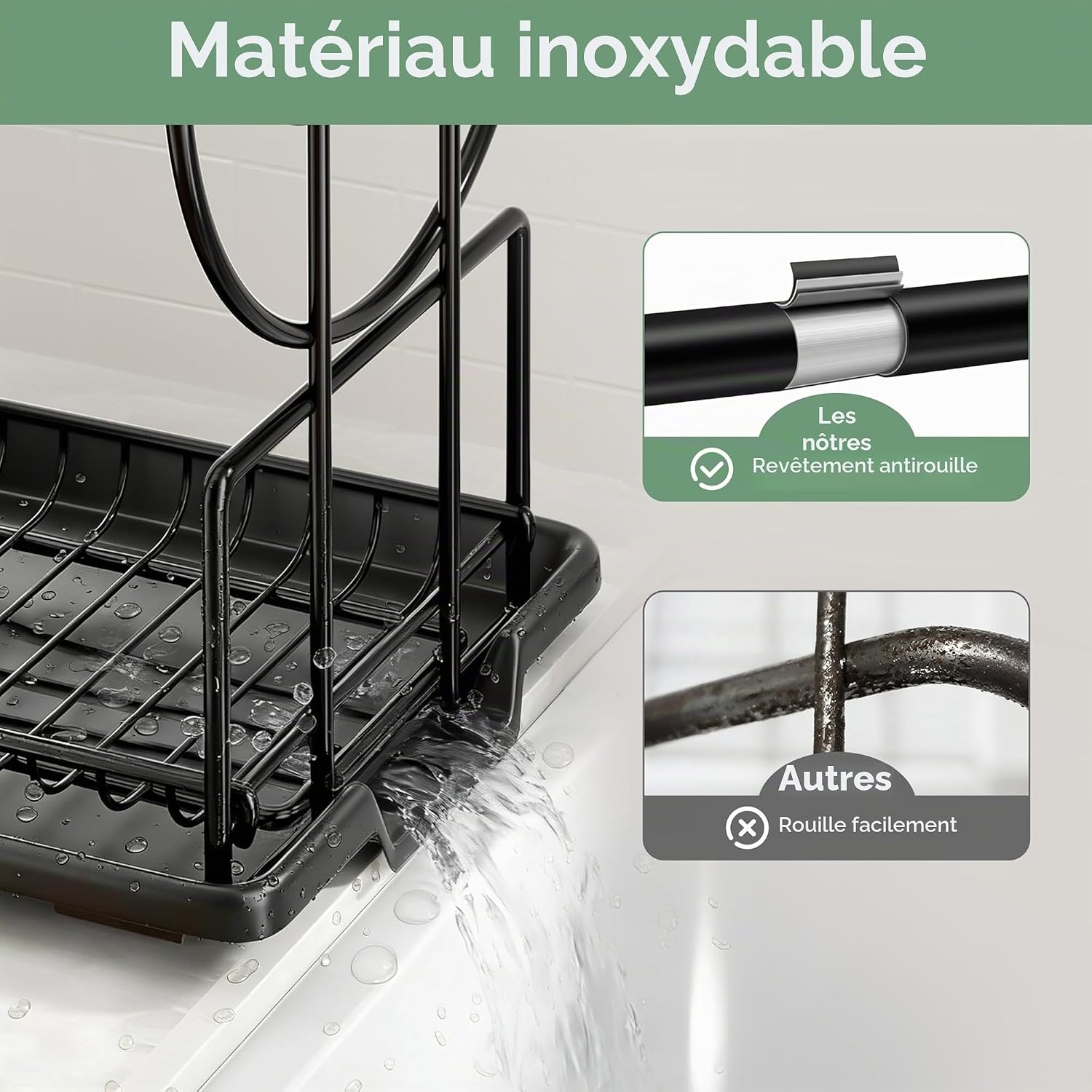 niffgaff Kitchen Dish Drainer with 2 Levels Stainless Steel with Utensil Holder and Drip Tray Black