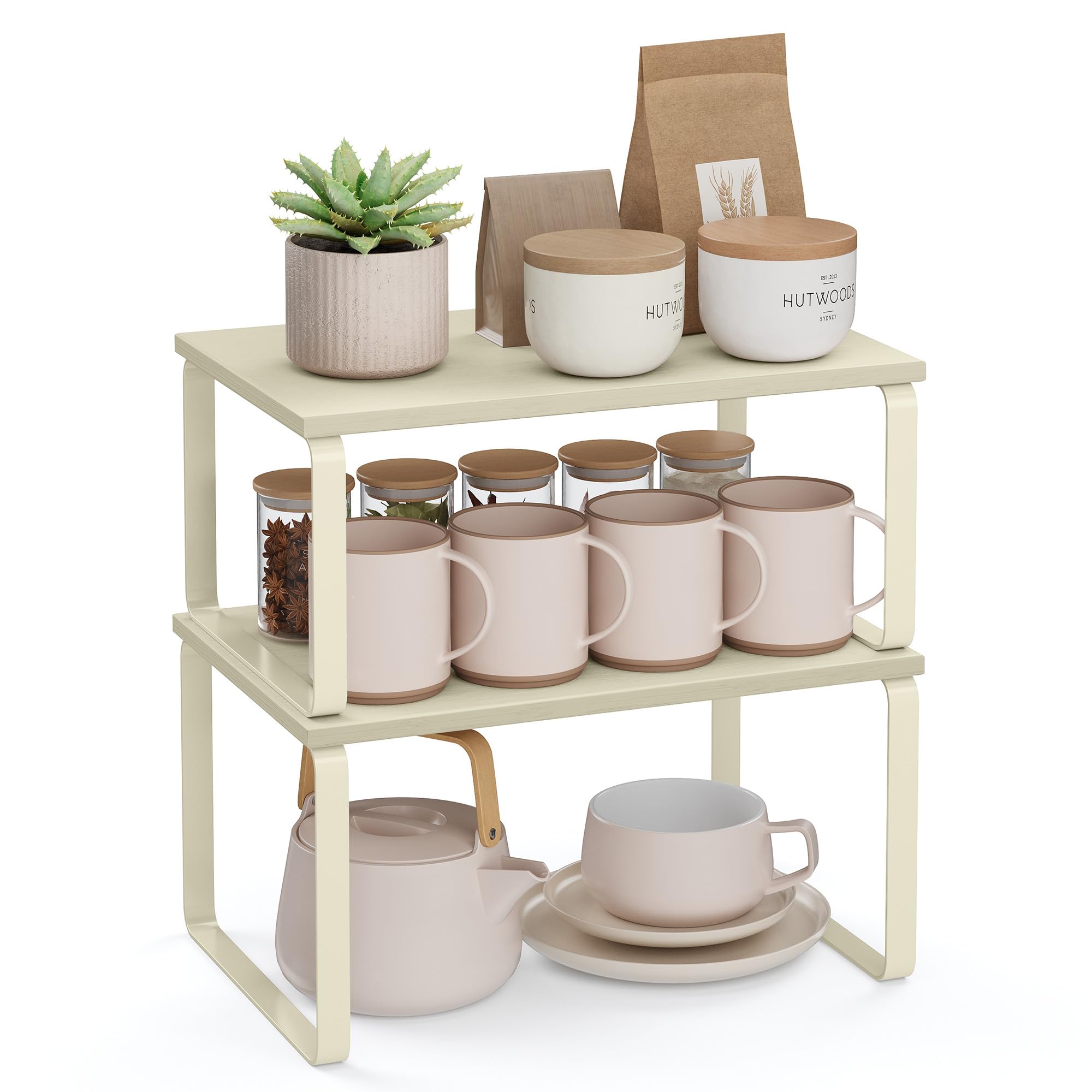 SONGMICS Spice Rack, Set of 2, Cupboard Organizer, Expandable Kitchen Storage Shelf, Stackable Spice Rack, Metal, Engineered Wood, Ink Black and Natural Beige KCS02NB