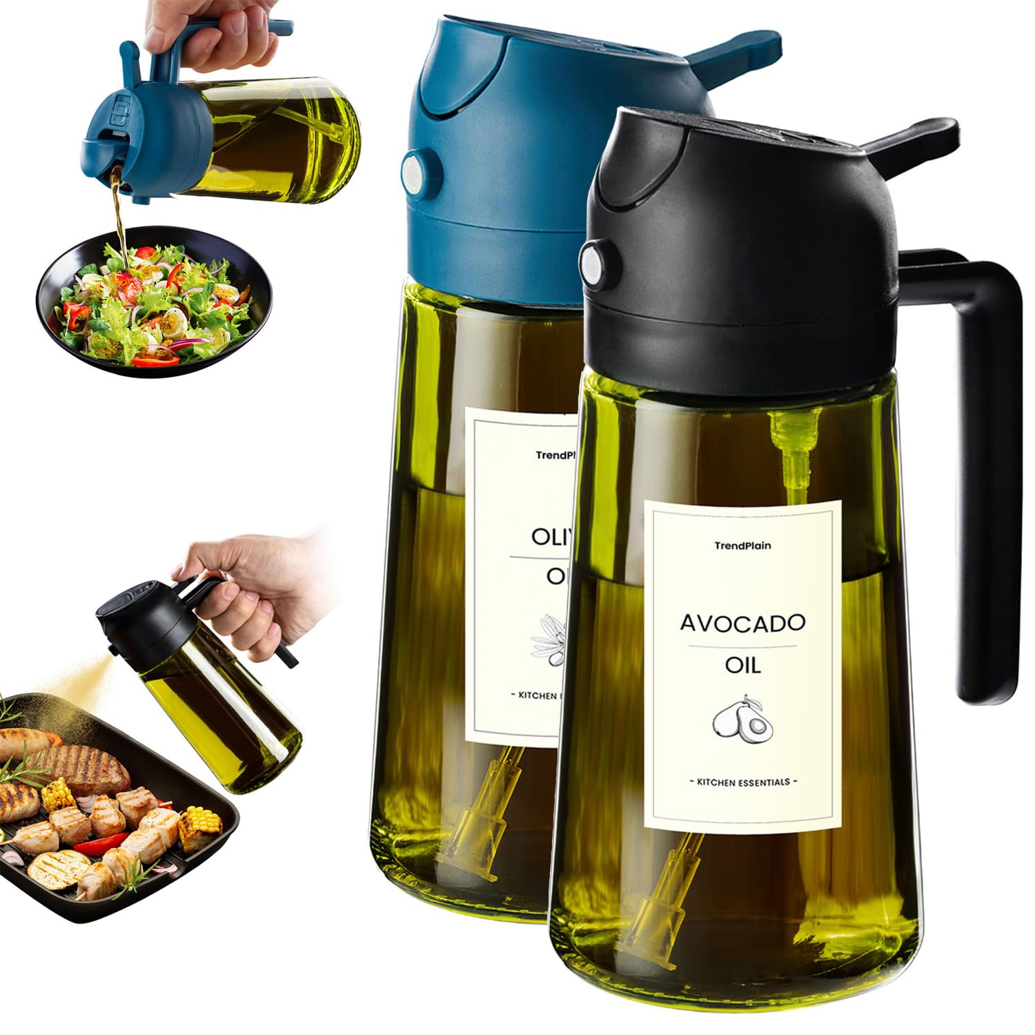TrendPlain Kitchen Oil Spray 470ml - Air Fryer 2-in-1 Oil Spray for Cooking, Salads, Vinegar and Kitchen Accessories (1 Piece, Black)