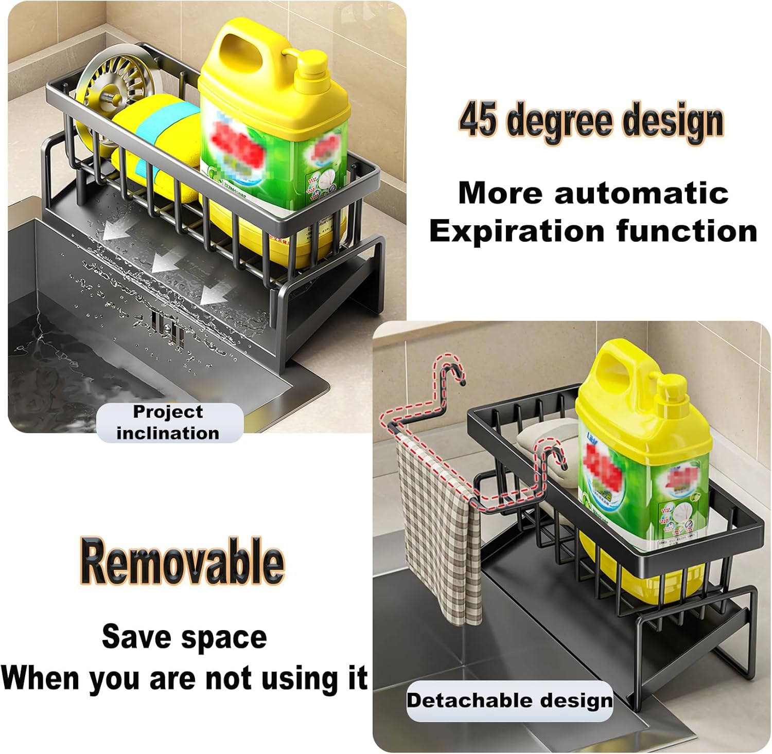 ViWaVee Kitchen Storage and Organization, Sink Organizer with Automatic Drainage Tray for Sponge Holder, Towel Holder, Great Accessories for Black Room.