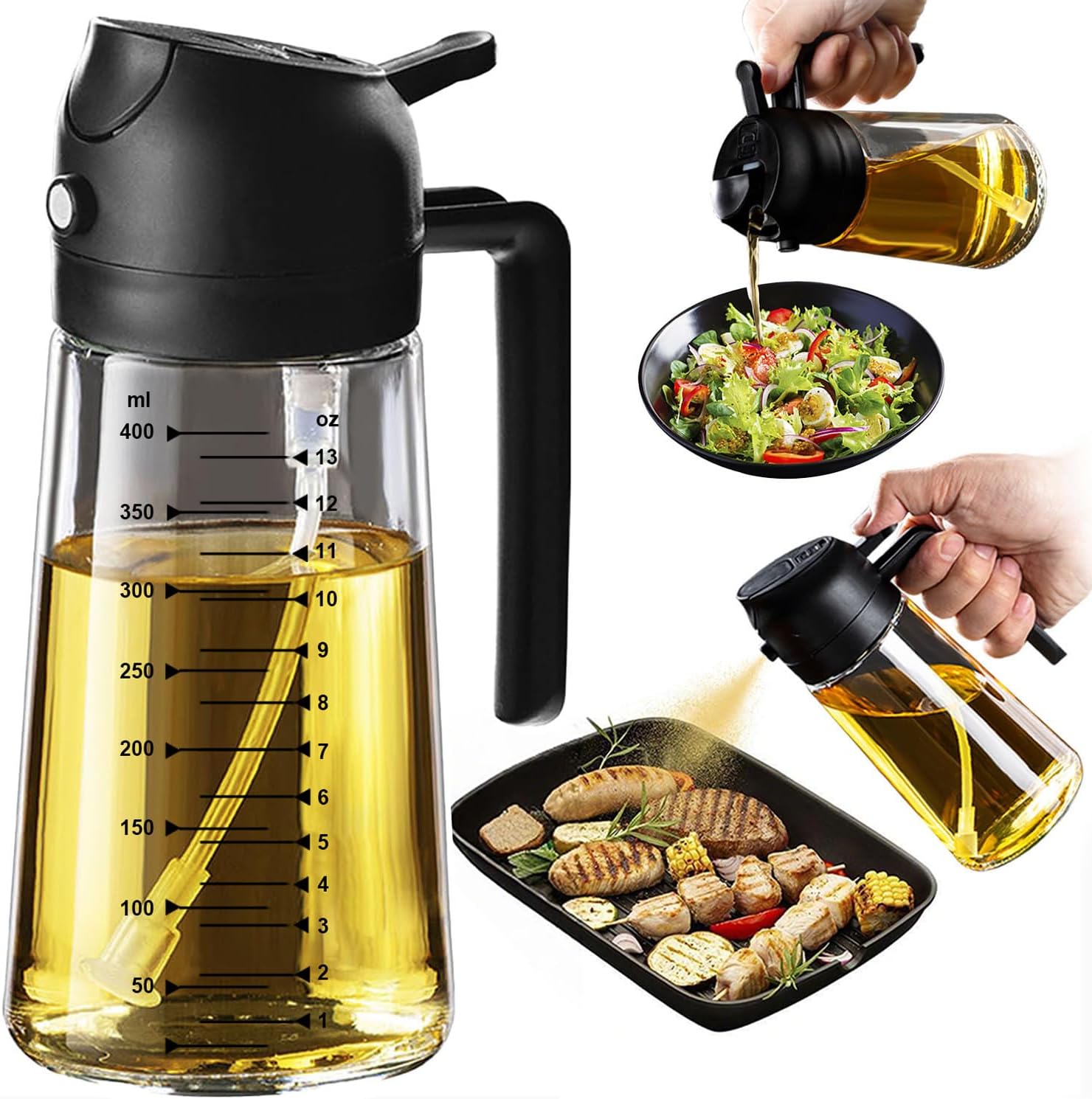 TrendPlain Kitchen Oil Spray 470ml - Air Fryer 2-in-1 Oil Spray for Cooking, Salads, Vinegar and Kitchen Accessories (1 Piece, Black)
