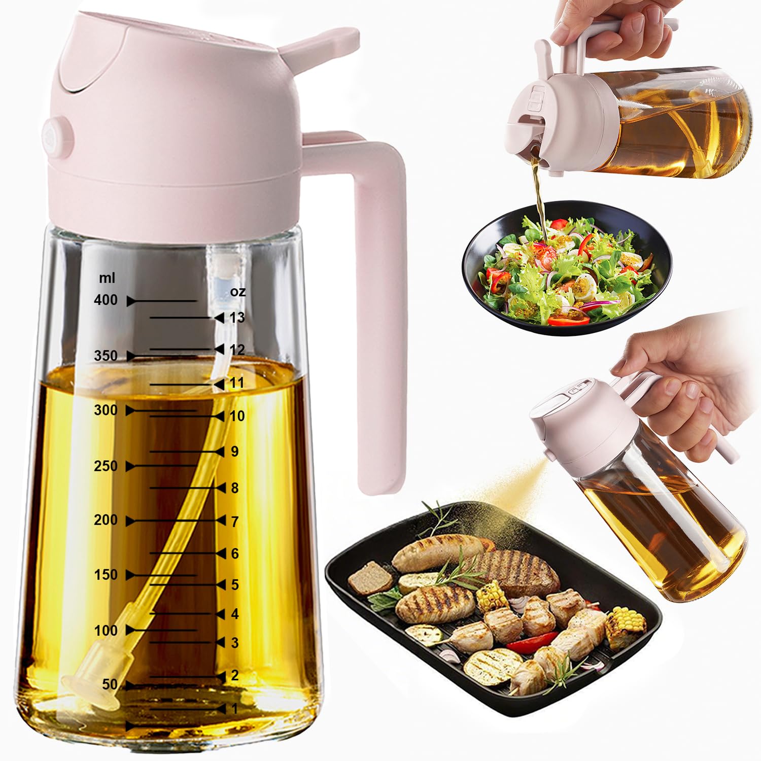 TrendPlain Kitchen Oil Spray 470ml - Air Fryer 2-in-1 Oil Spray for Cooking, Salads, Vinegar and Kitchen Accessories (1 Piece, Black)