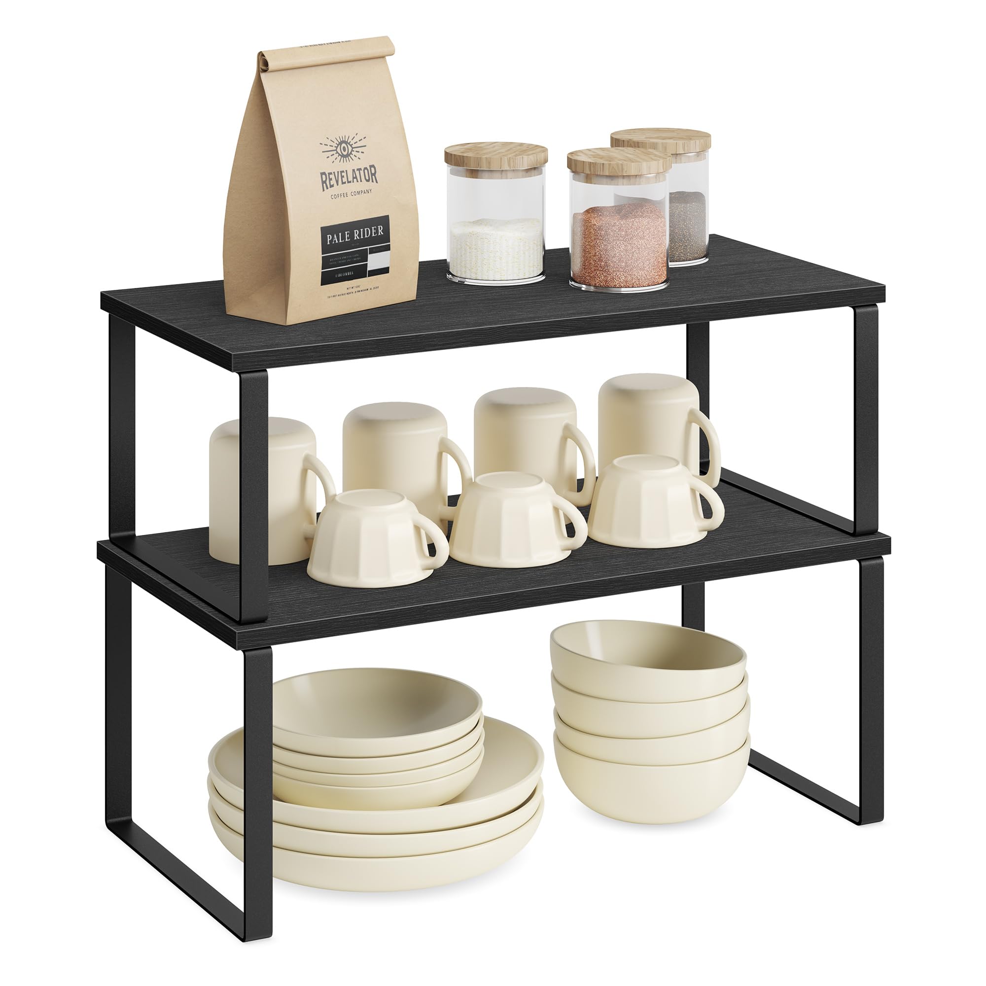 SONGMICS Spice Rack, Set of 2, Cupboard Organizer, Expandable Kitchen Storage Shelf, Stackable Spice Rack, Metal, Engineered Wood, Ink Black and Natural Beige KCS02NB