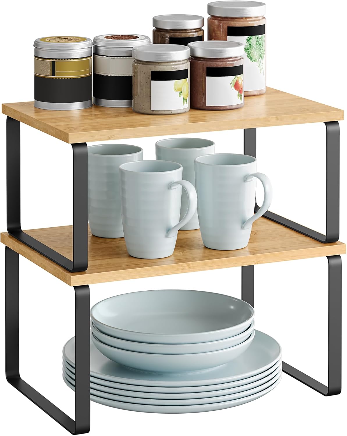 SONGMICS Spice Rack, Set of 2, Cupboard Organizer, Expandable Kitchen Storage Shelf, Stackable Spice Rack, Metal, Engineered Wood, Ink Black and Natural Beige KCS02NB