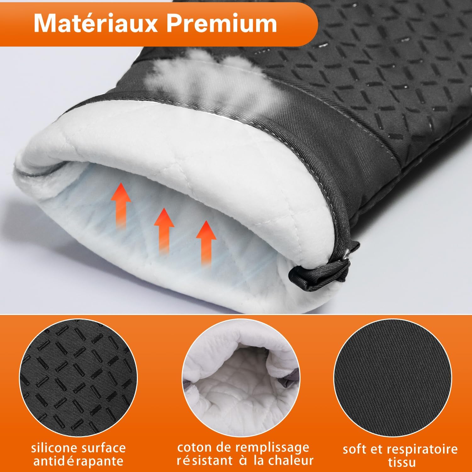 Set of 4 Oven Mitts - MILcea Oven Mitts - Heat Resistant Up to 300°C - Non-Slip Silicone Gloves - Soft Cotton - 32 cm Long and Flexible - Black