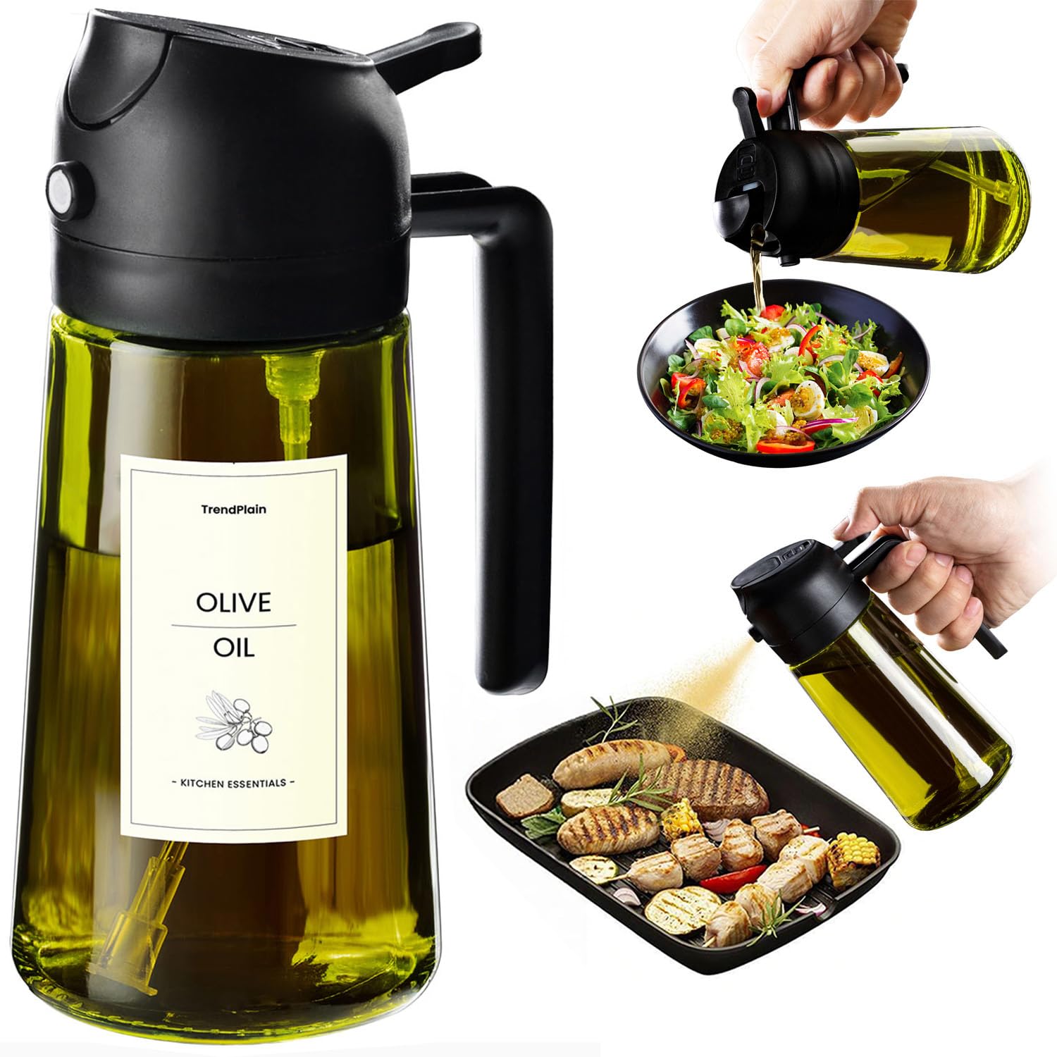 TrendPlain Kitchen Oil Spray 470ml - Air Fryer 2-in-1 Oil Spray for Cooking, Salads, Vinegar and Kitchen Accessories (1 Piece, Black)