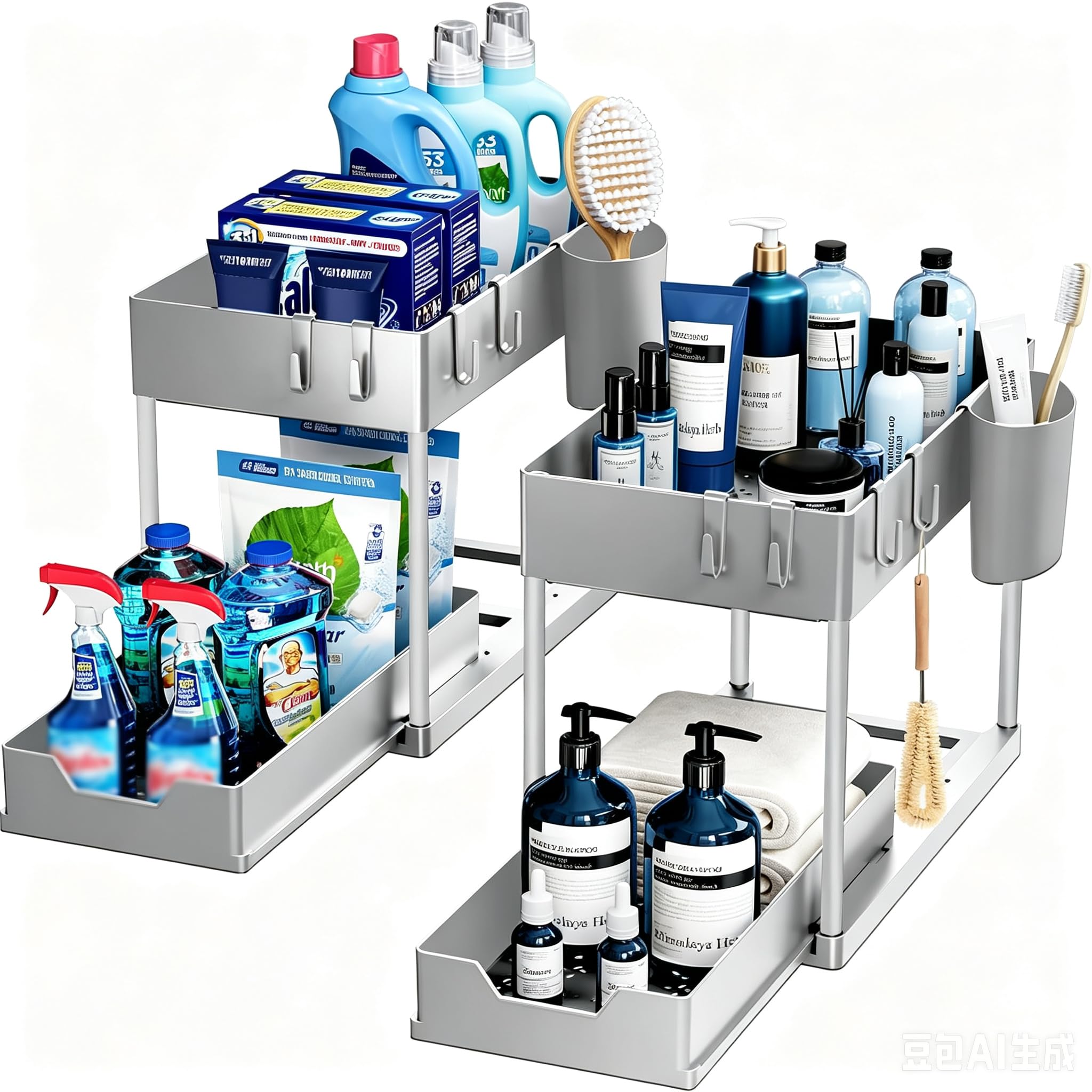 Puricon 1 Pack Under Sink Storage 2 Tier Kitchen Organizer with Removable Drawers, Under Sink Draw Out Storage, Closet Organizer, Shelf, Drawer Basket for Kitchen - Black
