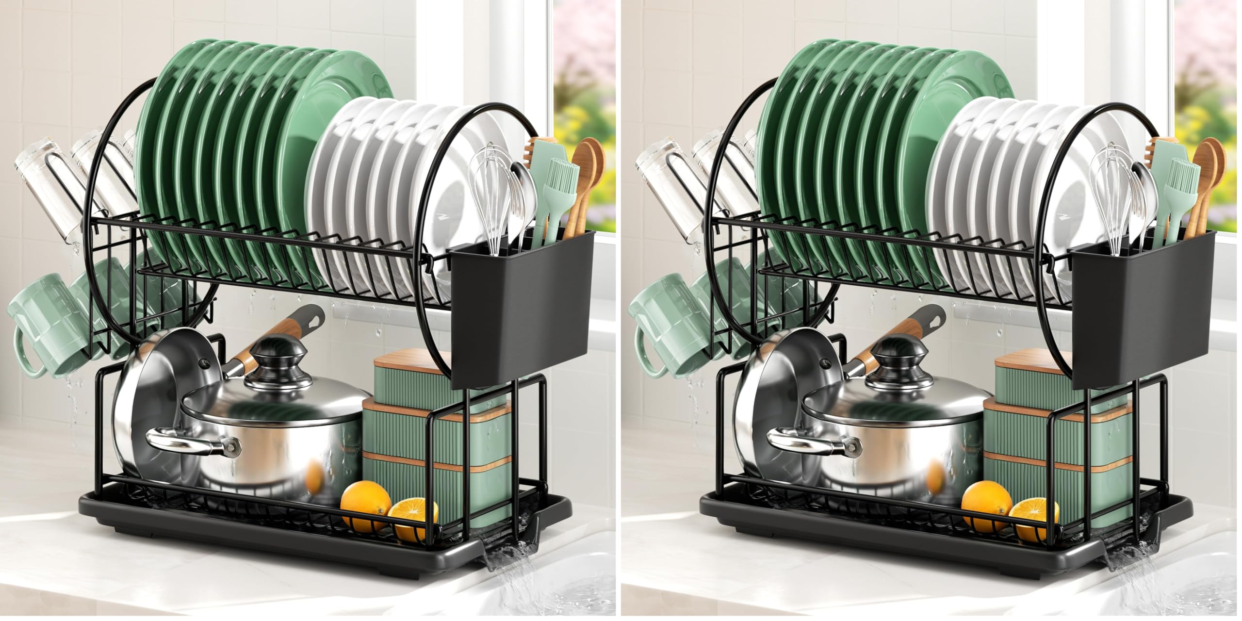niffgaff Kitchen Dish Drainer with 2 Levels Stainless Steel with Utensil Holder and Drip Tray Black