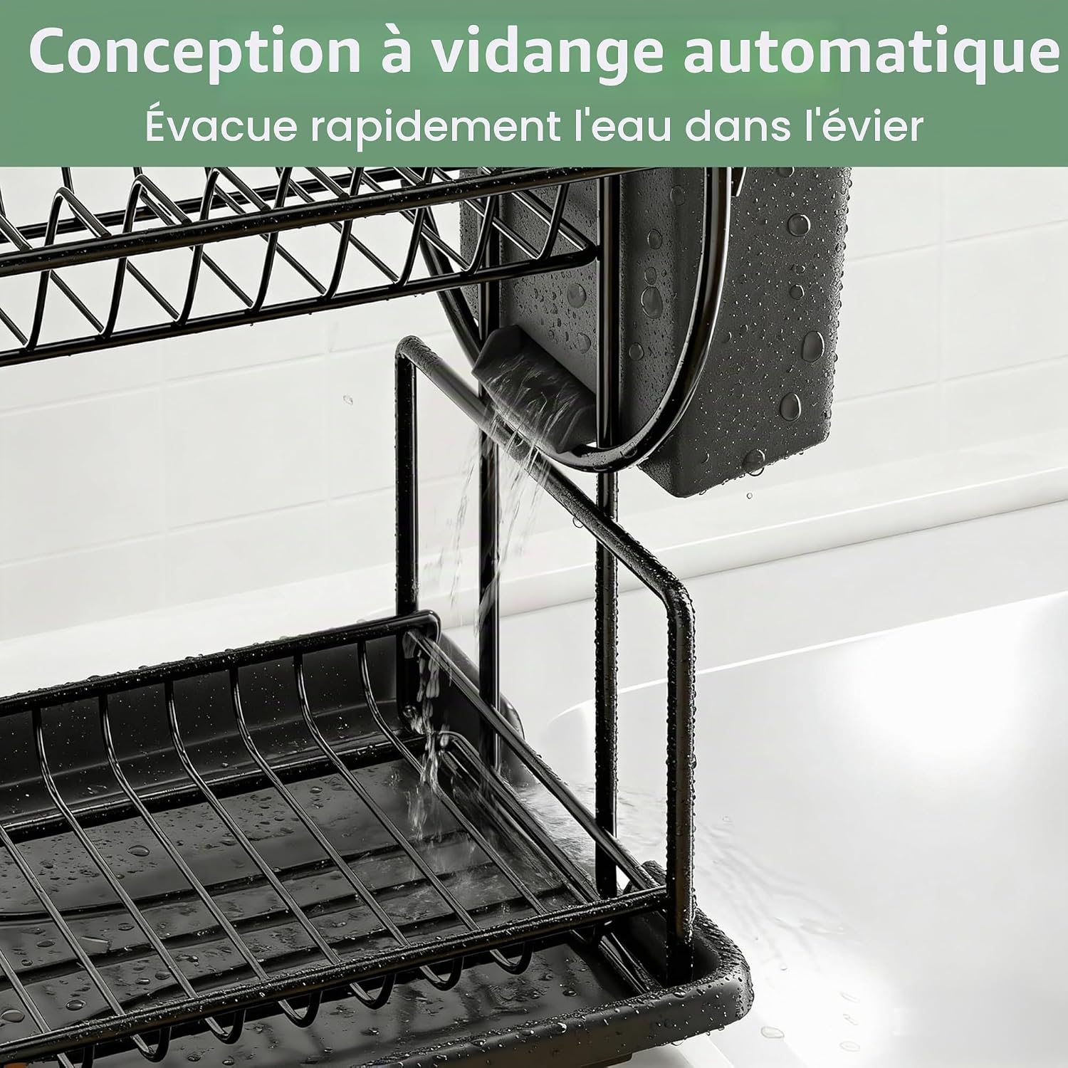 niffgaff Kitchen Dish Drainer with 2 Levels Stainless Steel with Utensil Holder and Drip Tray Black