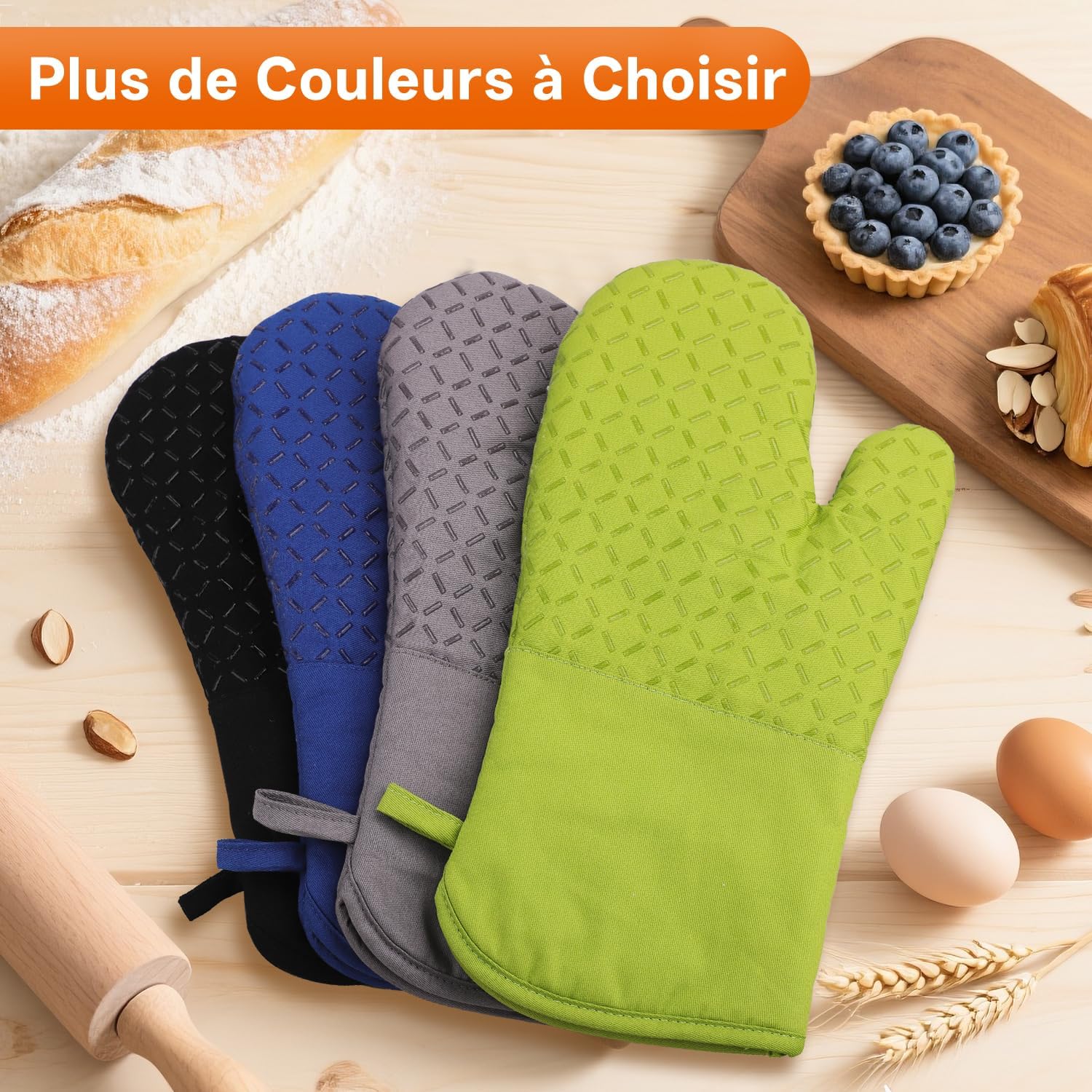 Set of 4 Oven Mitts - MILcea Oven Mitts - Heat Resistant Up to 300°C - Non-Slip Silicone Gloves - Soft Cotton - 32 cm Long and Flexible - Black