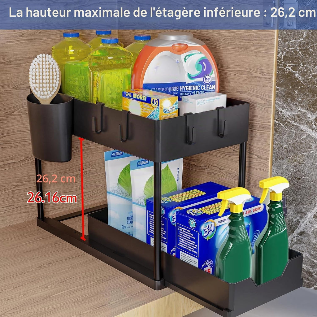 Puricon 1 Pack Under Sink Storage 2 Tier Kitchen Organizer with Removable Drawers, Under Sink Draw Out Storage, Closet Organizer, Shelf, Drawer Basket for Kitchen - Black