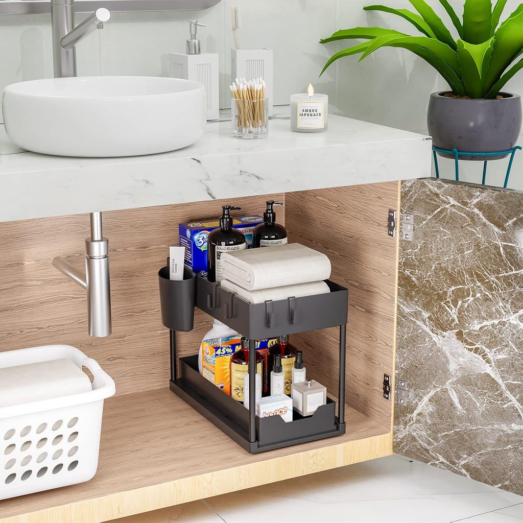 Puricon 1 Pack Under Sink Storage 2 Tier Kitchen Organizer with Removable Drawers, Under Sink Draw Out Storage, Closet Organizer, Shelf, Drawer Basket for Kitchen - Black