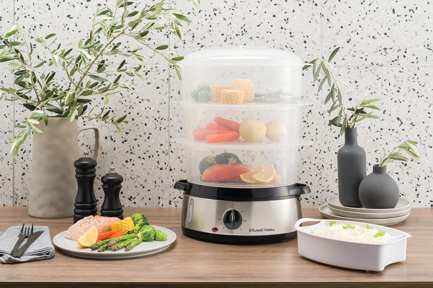 Russell Hobbs Cook@Home Steamer [Large Capacity] (800 W, 9 L, 3 Levels, 1 Rice Cooker Basket + 6 Egg Holders Included, Digital Screen, Programmable Timer, 3 Baskets Without BPA) 19270-56
