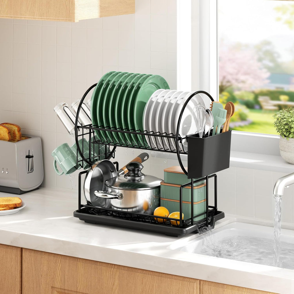niffgaff Kitchen Dish Drainer with 2 Levels Stainless Steel with Utensil Holder and Drip Tray Black