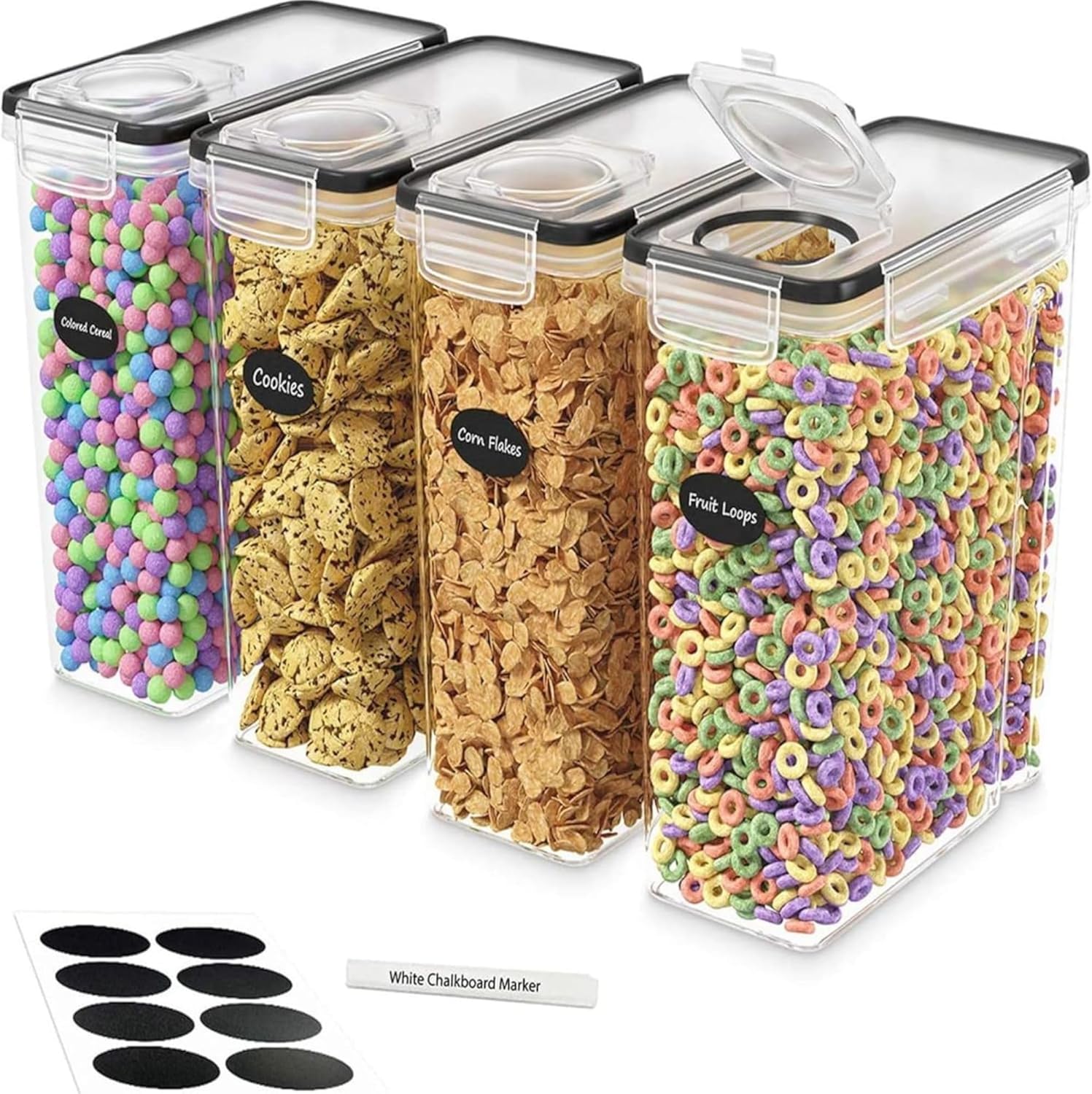 4L Cereal Storage Containers - Airtight Flip Lids, BPA Free, Clear Plastic with Labels for Easy Organization - Pantry Organizer from