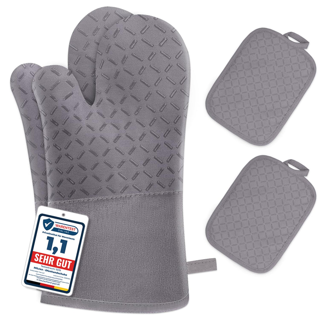 Set of 4 Oven Mitts - MILcea Oven Mitts - Heat Resistant Up to 300°C - Non-Slip Silicone Gloves - Soft Cotton - 32 cm Long and Flexible - Black