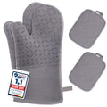 Set of 4 Oven Mitts - MILcea Oven Mitts - Heat Resistant Up to 300°C - Non-Slip Silicone Gloves - Soft Cotton - 32 cm Long and Flexible - Black