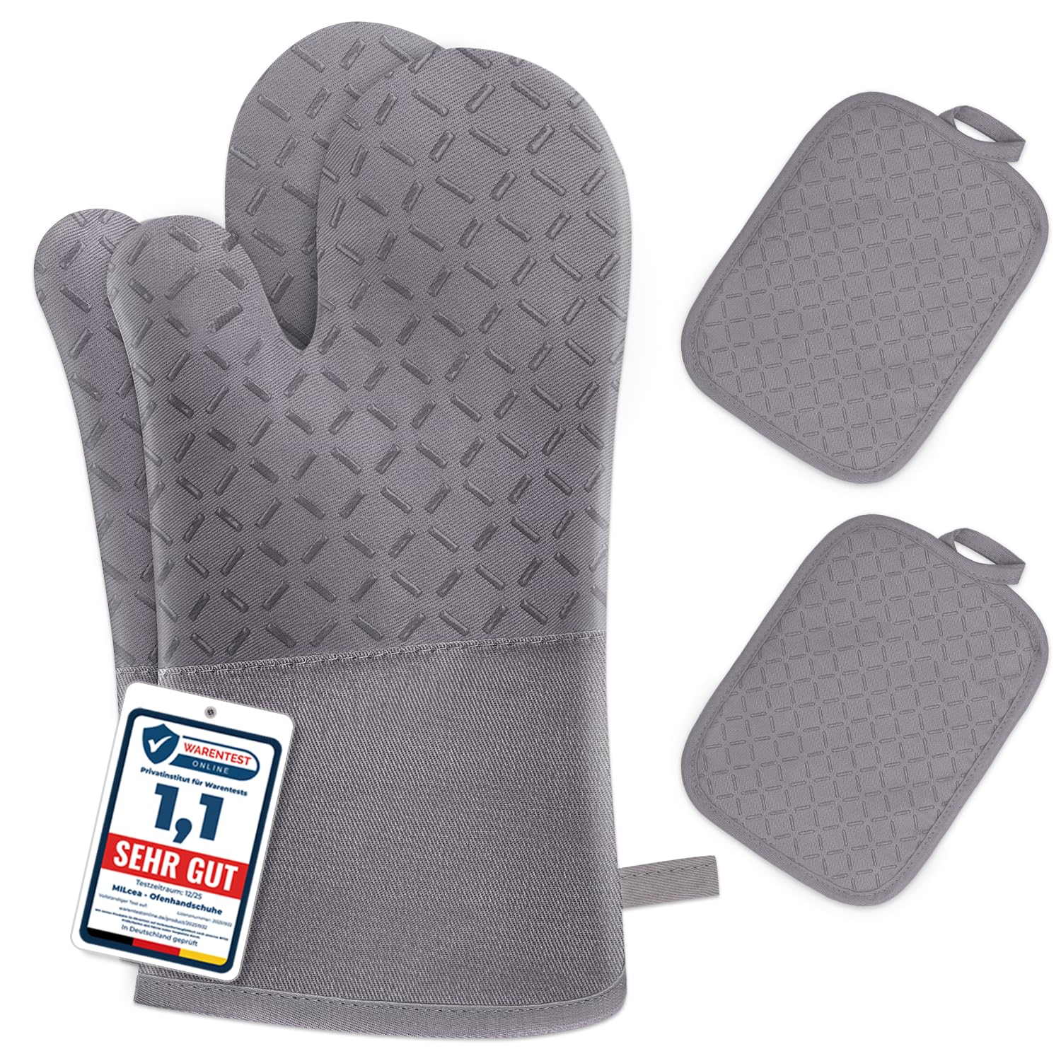Set of 4 Oven Mitts - MILcea Oven Mitts - Heat Resistant Up to 300°C - Non-Slip Silicone Gloves - Soft Cotton - 32 cm Long and Flexible - Black