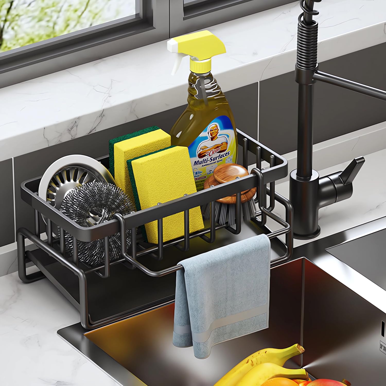 ViWaVee Kitchen Storage and Organization, Sink Organizer with Automatic Drainage Tray for Sponge Holder, Towel Holder, Great Accessories for Black Room.