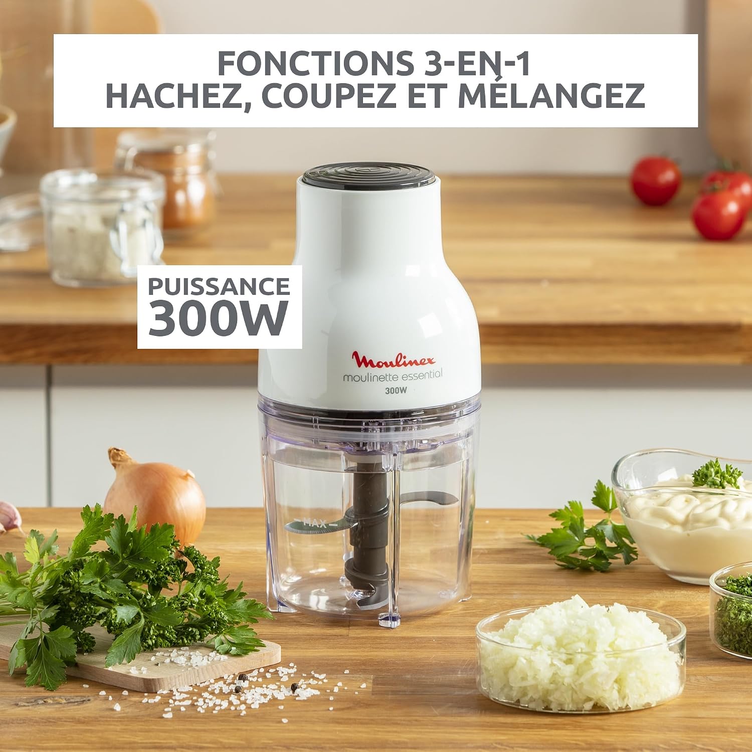 Moulinex Electric Chopper, 400 ml, 300 W, 4 Blades, 3-in-1 Function, Chopper, Blender, Mixed, Single Pressure System, Essential DJ520110, White