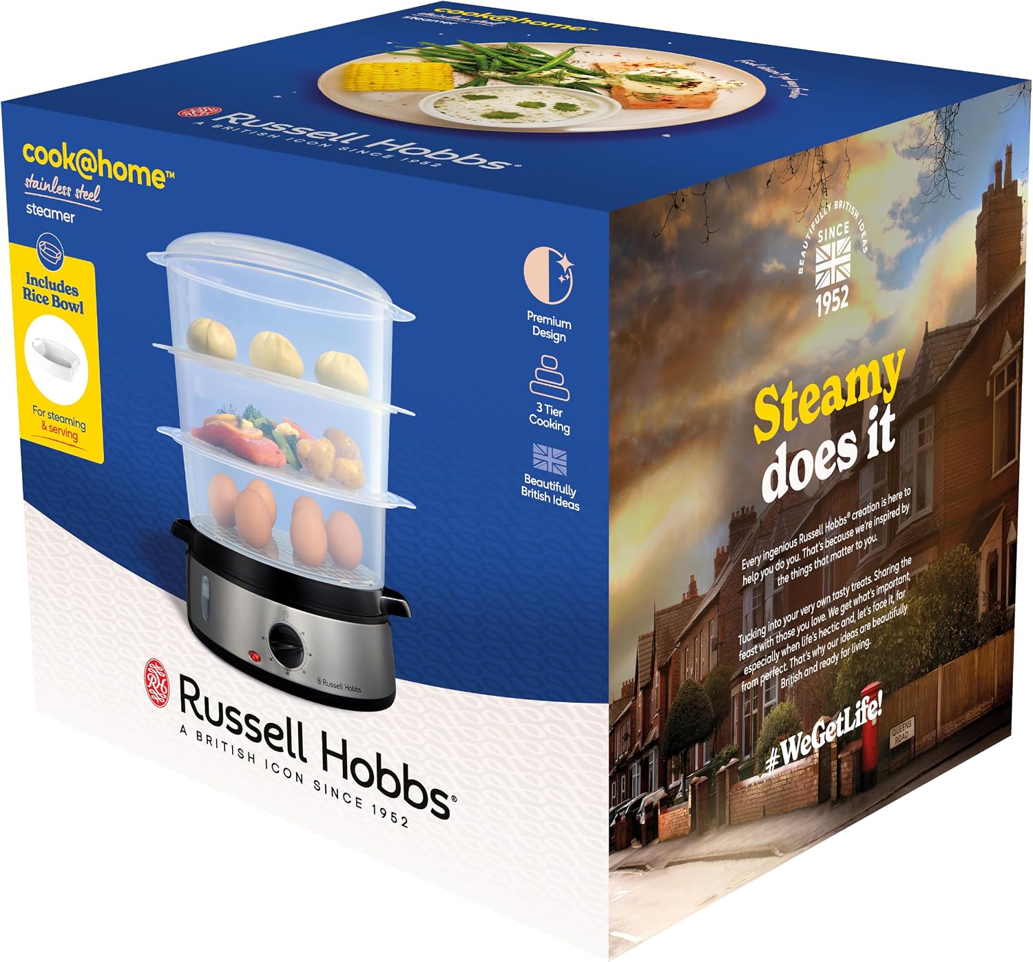 Russell Hobbs Cook@Home Steamer [Large Capacity] (800 W, 9 L, 3 Levels, 1 Rice Cooker Basket + 6 Egg Holders Included, Digital Screen, Programmable Timer, 3 Baskets Without BPA) 19270-56