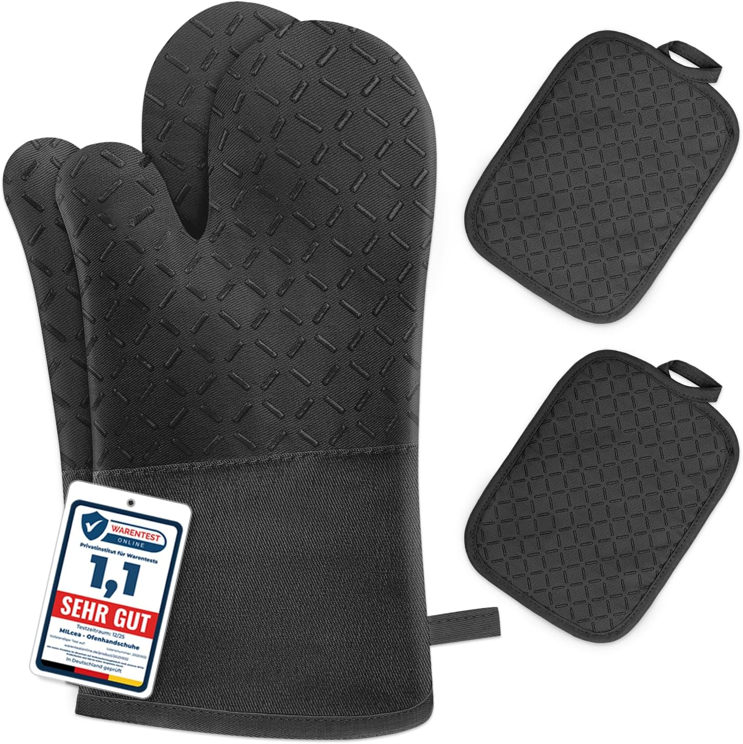 Set of 4 Oven Mitts - MILcea Oven Mitts - Heat Resistant Up to 300°C - Non-Slip Silicone Gloves - Soft Cotton - 32 cm Long and Flexible - Black