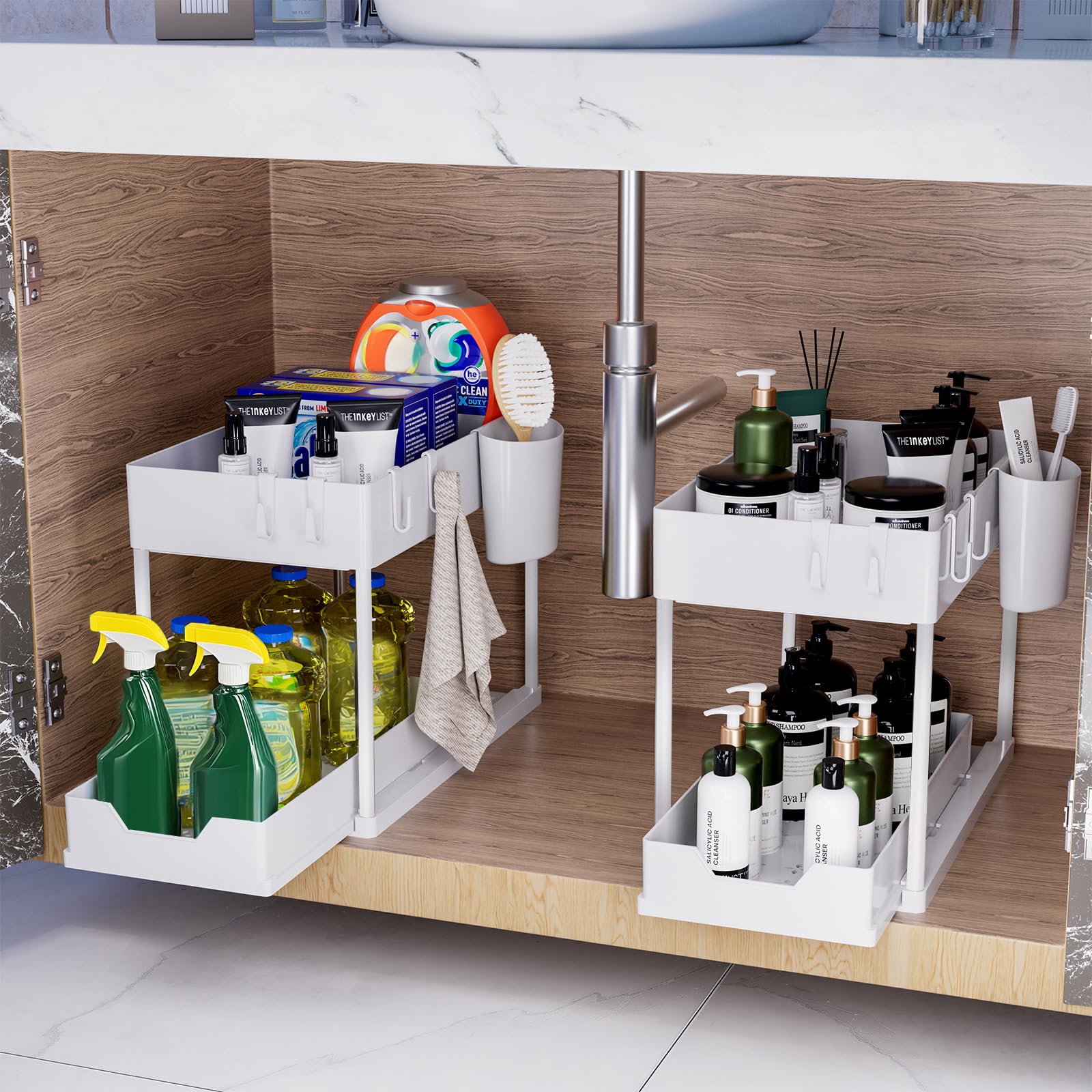 Puricon 1 Pack Under Sink Storage 2 Tier Kitchen Organizer with Removable Drawers, Under Sink Draw Out Storage, Closet Organizer, Shelf, Drawer Basket for Kitchen - Black