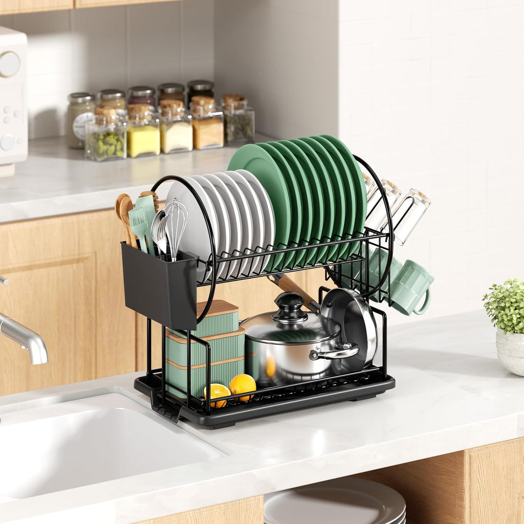 niffgaff Kitchen Dish Drainer with 2 Levels Stainless Steel with Utensil Holder and Drip Tray Black