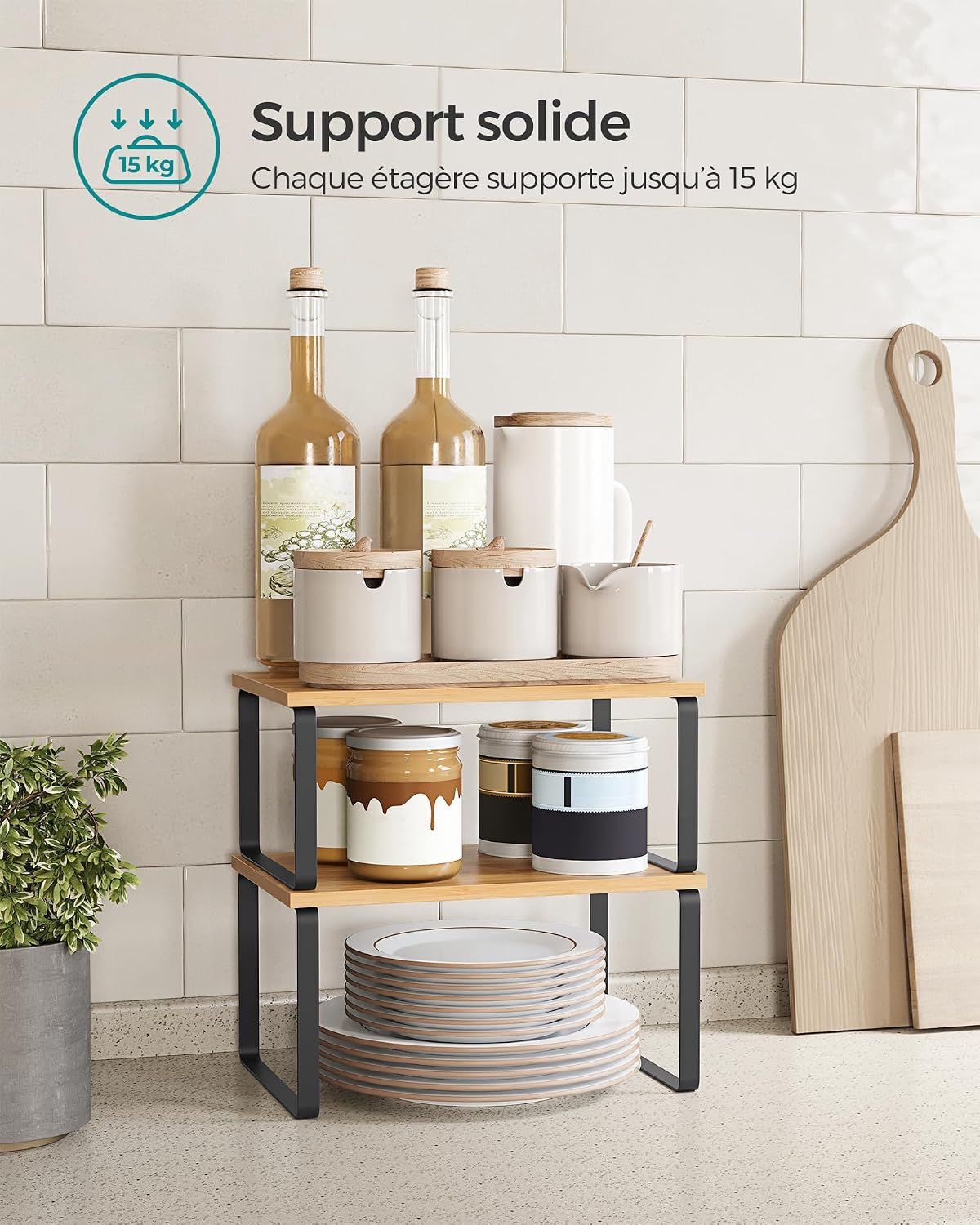 SONGMICS Spice Rack, Set of 2, Cupboard Organizer, Expandable Kitchen Storage Shelf, Stackable Spice Rack, Metal, Engineered Wood, Ink Black and Natural Beige KCS02NB