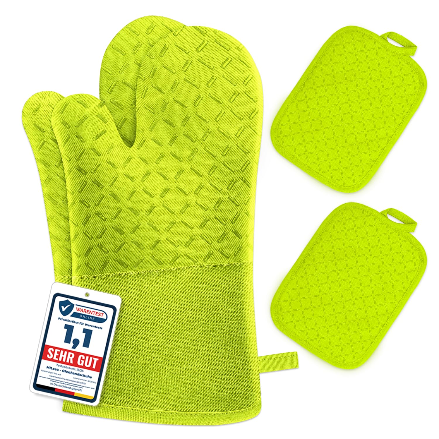 Set of 4 Oven Mitts - MILcea Oven Mitts - Heat Resistant Up to 300°C - Non-Slip Silicone Gloves - Soft Cotton - 32 cm Long and Flexible - Black