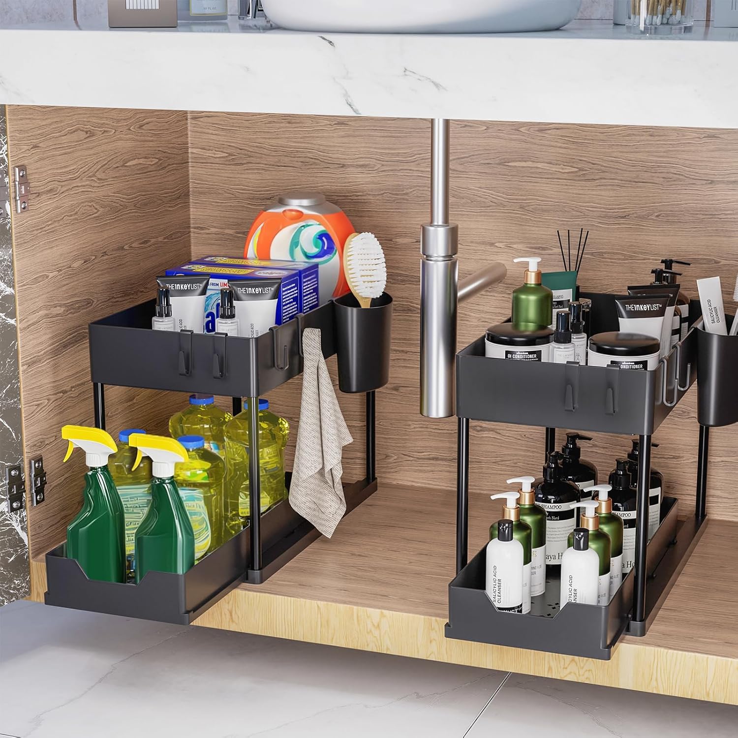 Puricon 1 Pack Under Sink Storage 2 Tier Kitchen Organizer with Removable Drawers, Under Sink Draw Out Storage, Closet Organizer, Shelf, Drawer Basket for Kitchen - Black