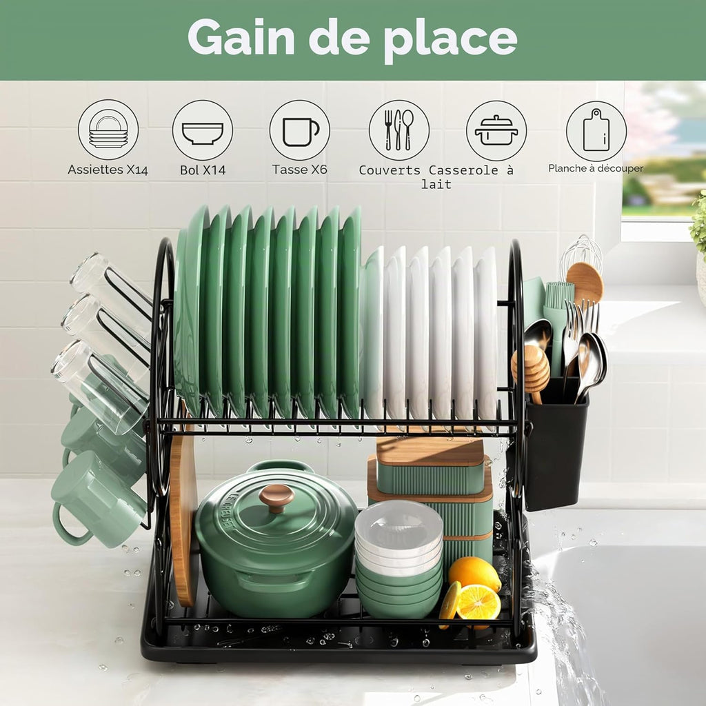 niffgaff Kitchen Dish Drainer with 2 Levels Stainless Steel with Utensil Holder and Drip Tray Black
