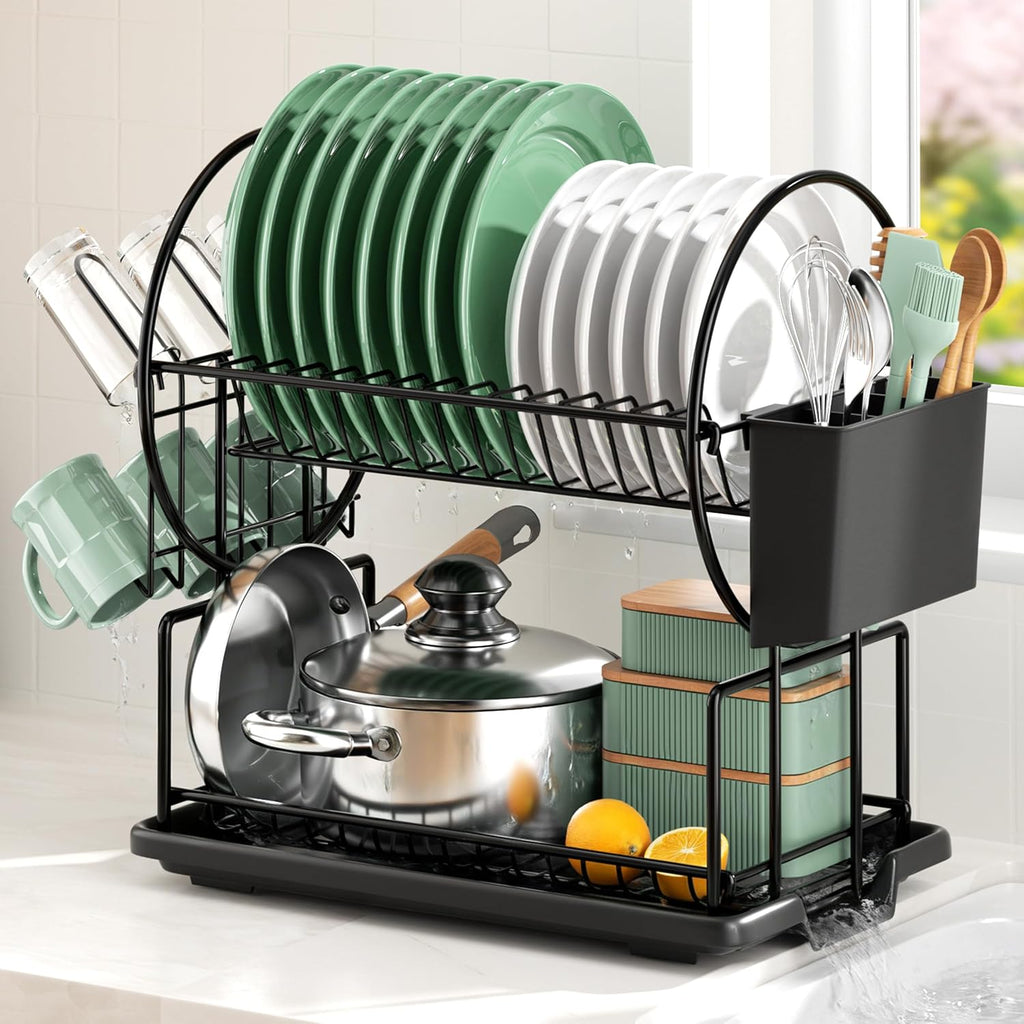 niffgaff Kitchen Dish Drainer with 2 Levels Stainless Steel with Utensil Holder and Drip Tray Black