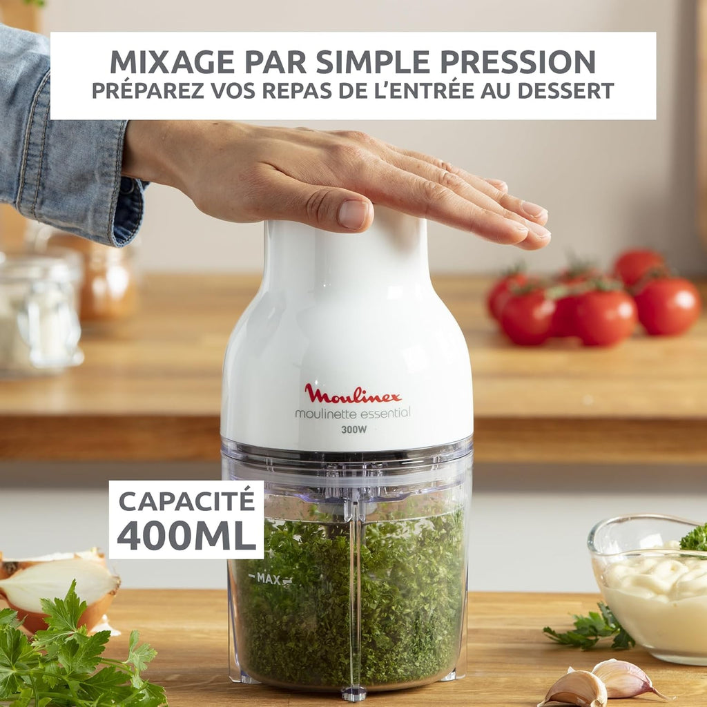 Moulinex Electric Chopper, 400 ml, 300 W, 4 Blades, 3-in-1 Function, Chopper, Blender, Mixed, Single Pressure System, Essential DJ520110, White
