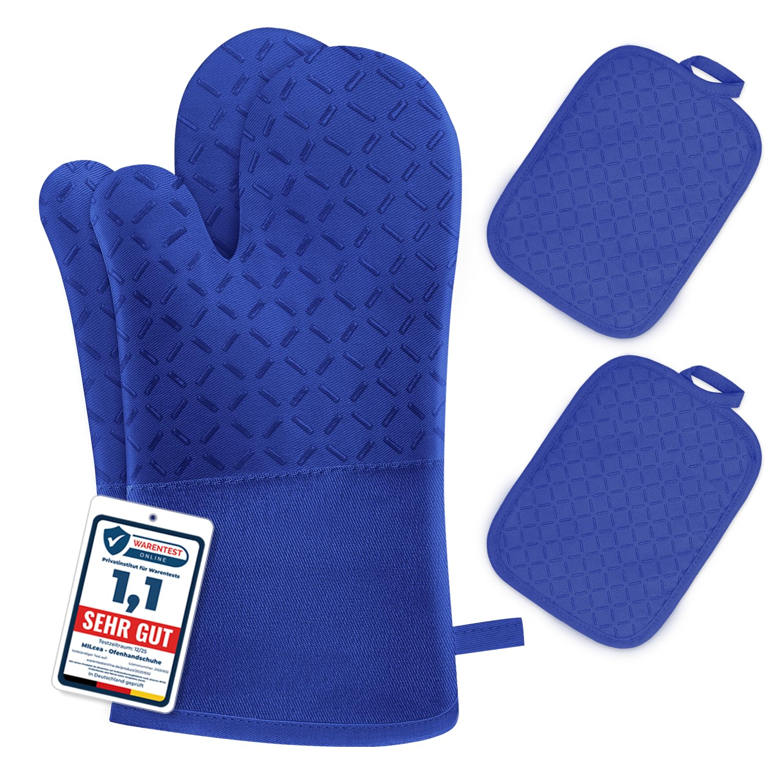 Set of 4 Oven Mitts - MILcea Oven Mitts - Heat Resistant Up to 300°C - Non-Slip Silicone Gloves - Soft Cotton - 32 cm Long and Flexible - Black
